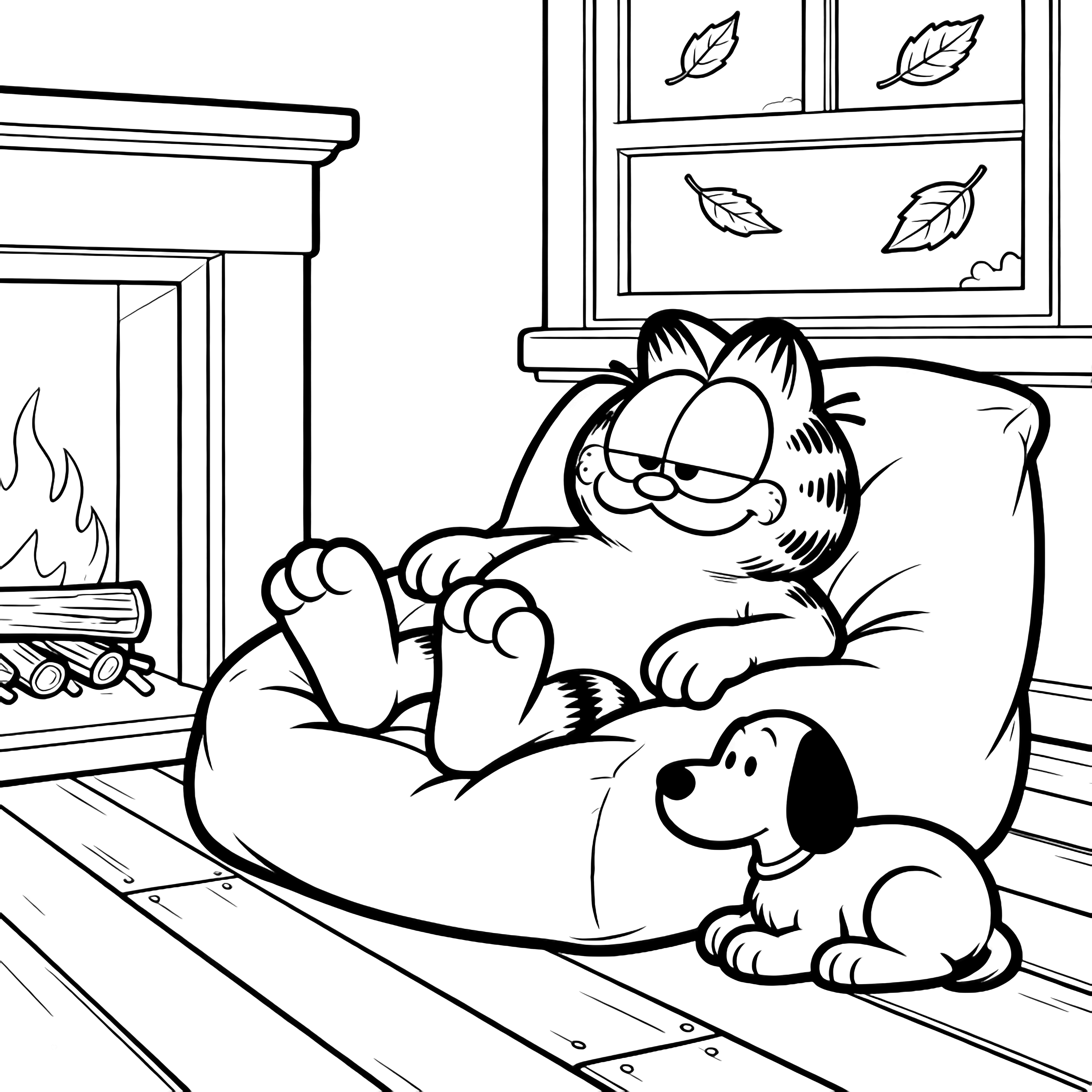 Garfield ligt languit op een kussen terwijl Odie zich naast hem krult bij een eenvoudige open haard, een raam met dwarrelende bladeren en planken vloer. kleurplaat