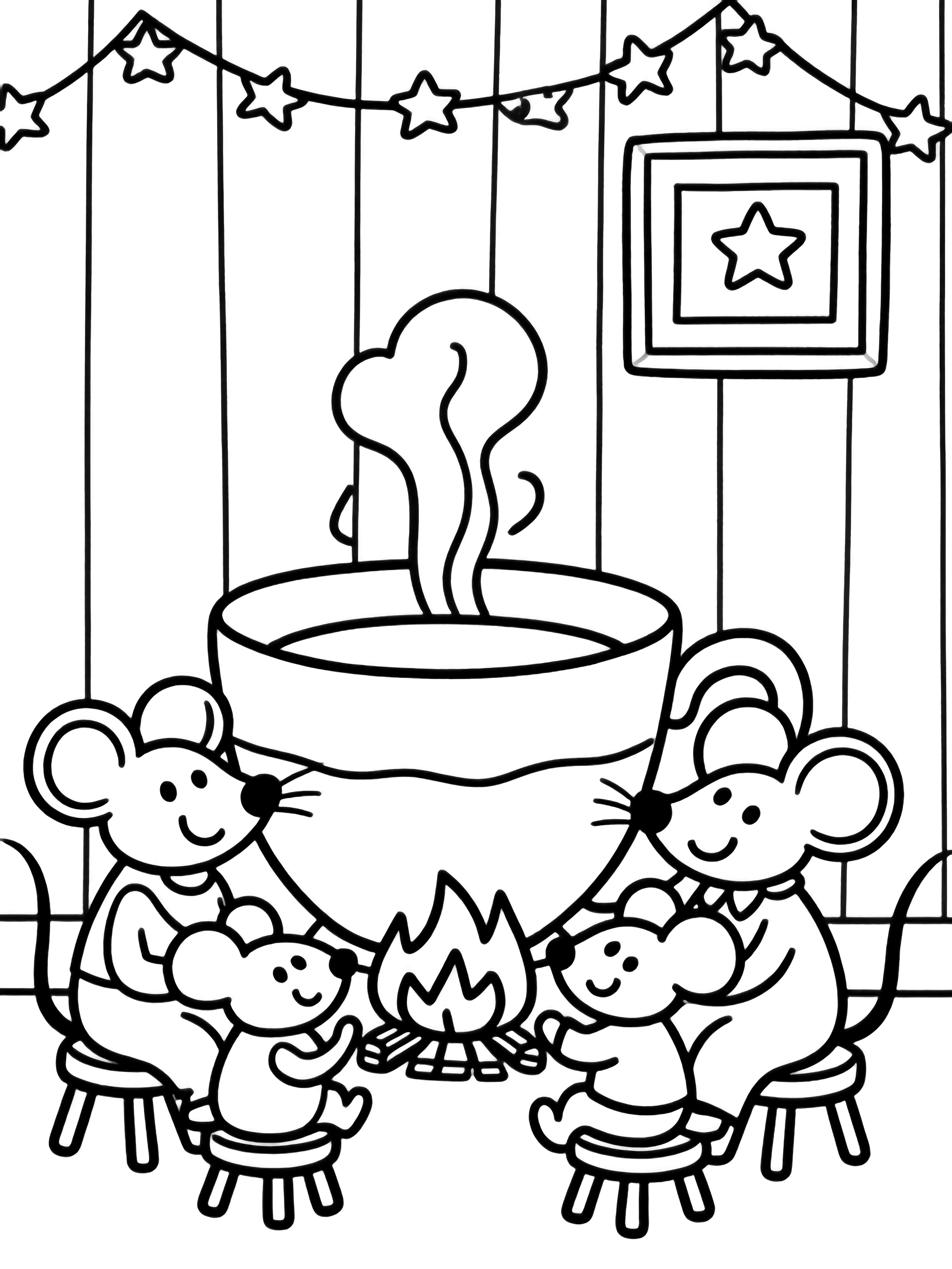 A smiling mouse family of four sits on tiny stools around a giant teacup fireplace; steam curls up inside simple wooden walls with one framed picture and a tiny star garland. kleurplaat
