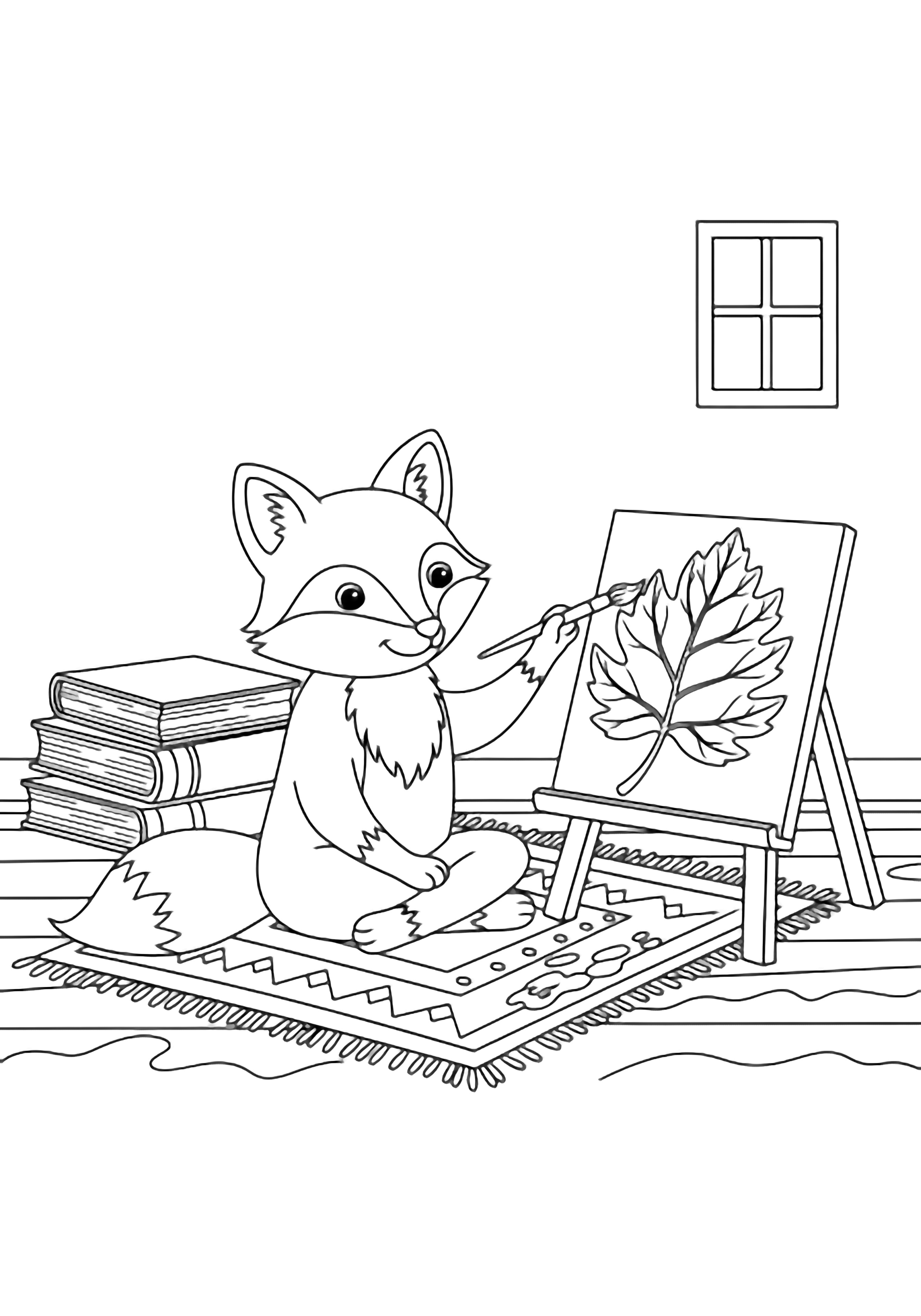 A cheerful fox sits cross-legged on a rug, painting a large leaf on a small easel; behind are three stacked books, wavy floorboards, and a tiny window. kleurplaat