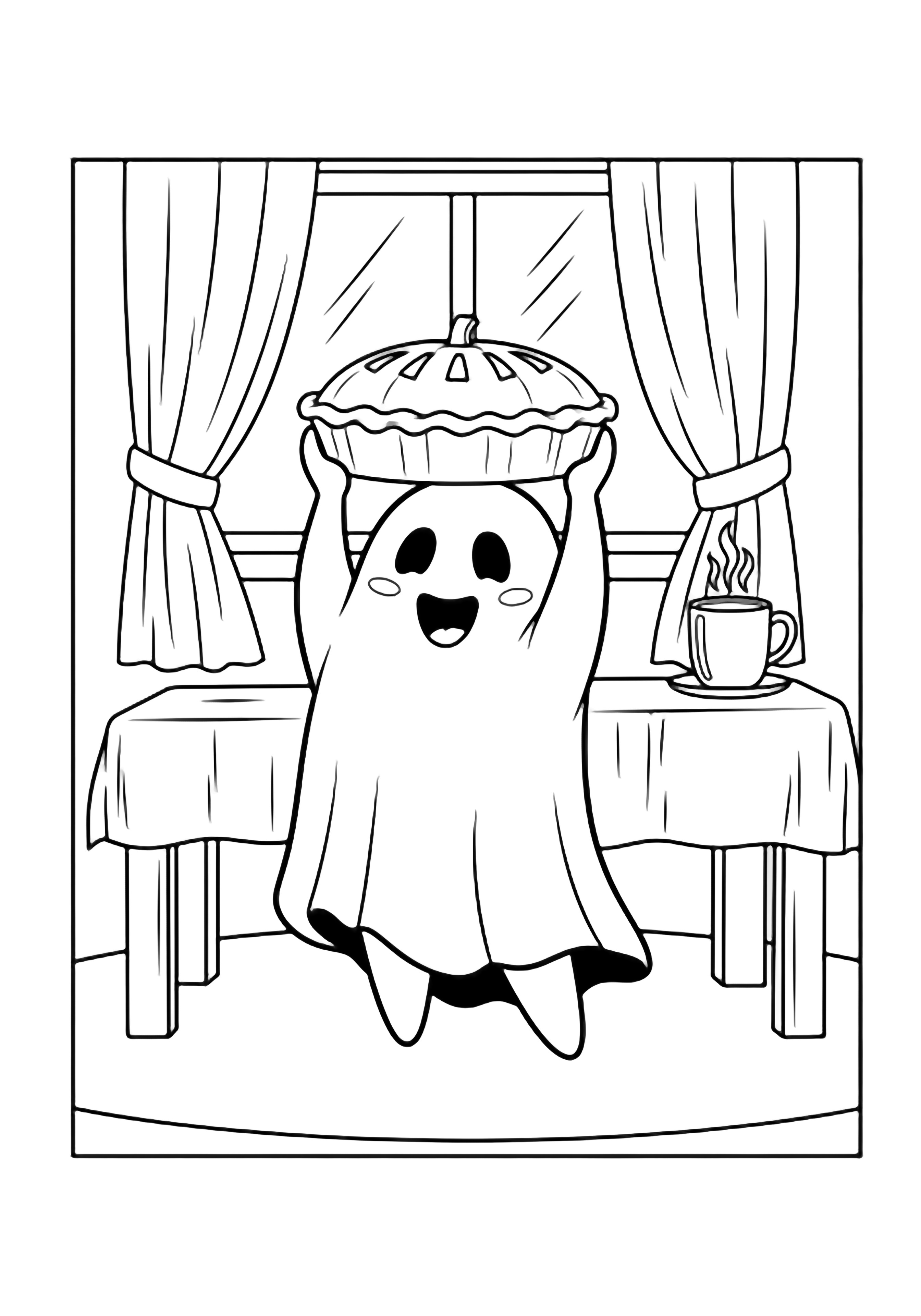 A tiny smiling ghost holds a pumpkin pie aloft beside a steaming mug on a kitchen table with curtains. kleurplaat