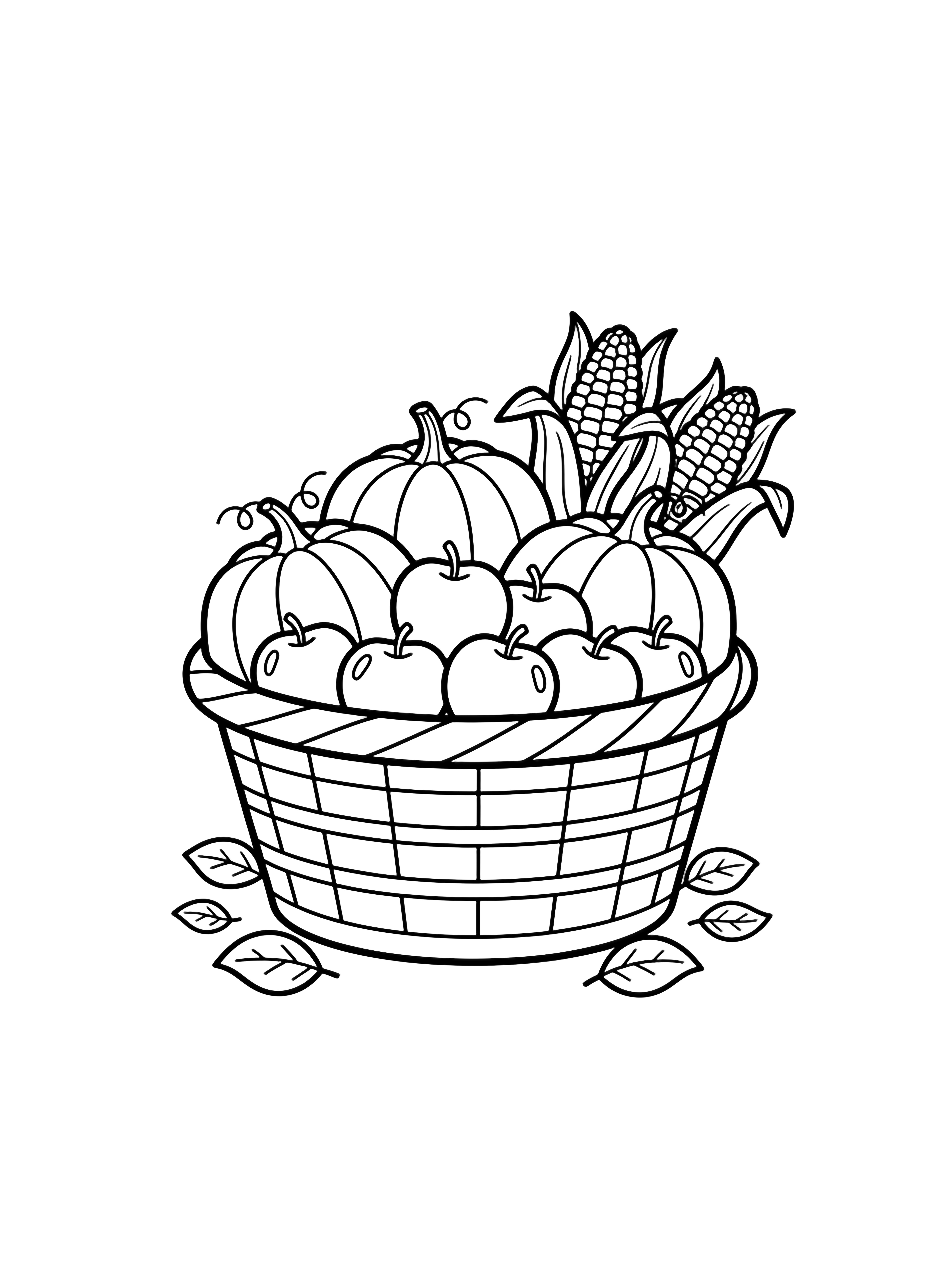A wicker basket brims with pumpkins, apples, and corn; a few fallen leaves rest nearby. kleurplaat