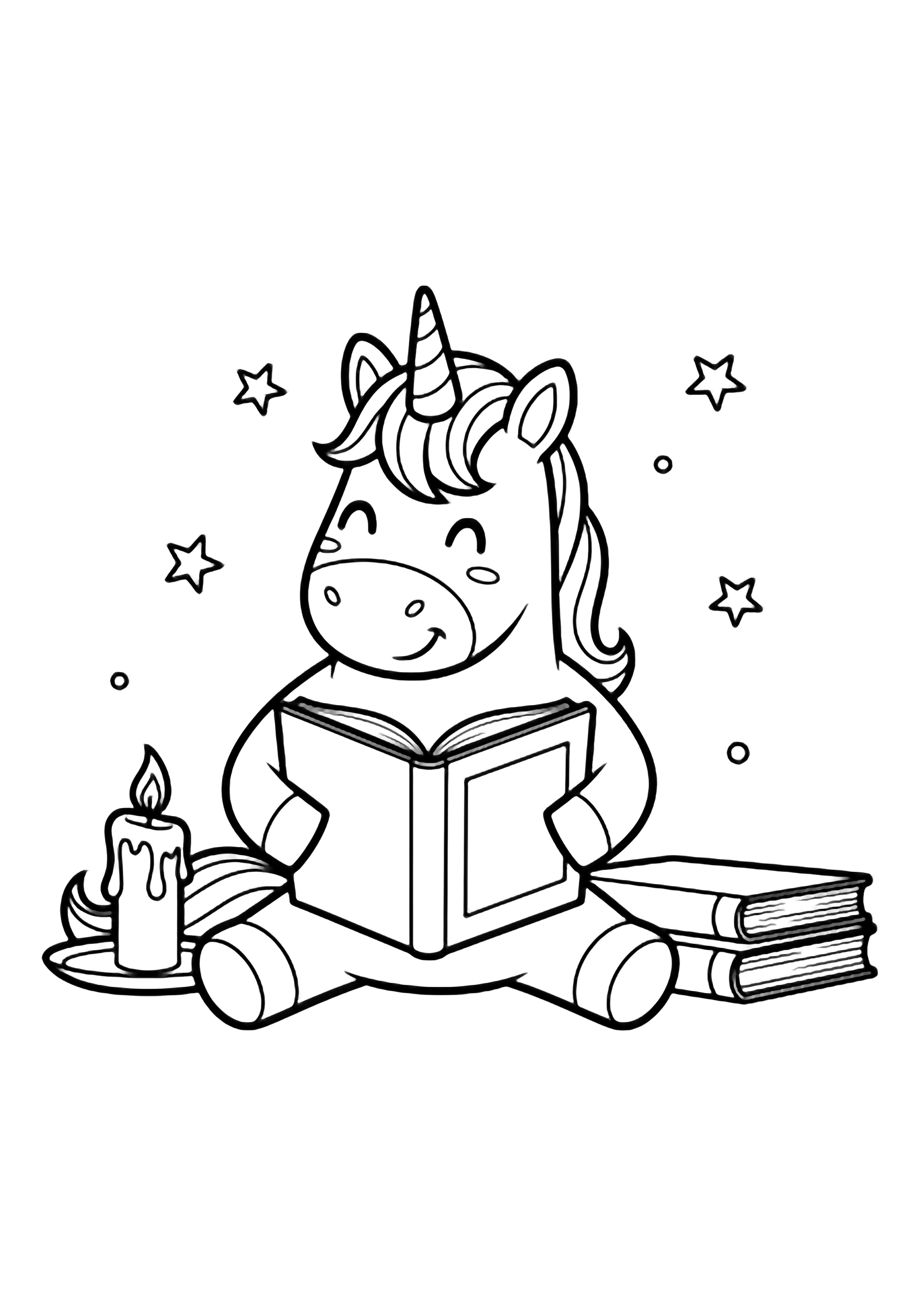 A smiling unicorn sits on its haunches holding an open storybook, with a candle and two stacked books nearby under minimal stars. kleurplaat
