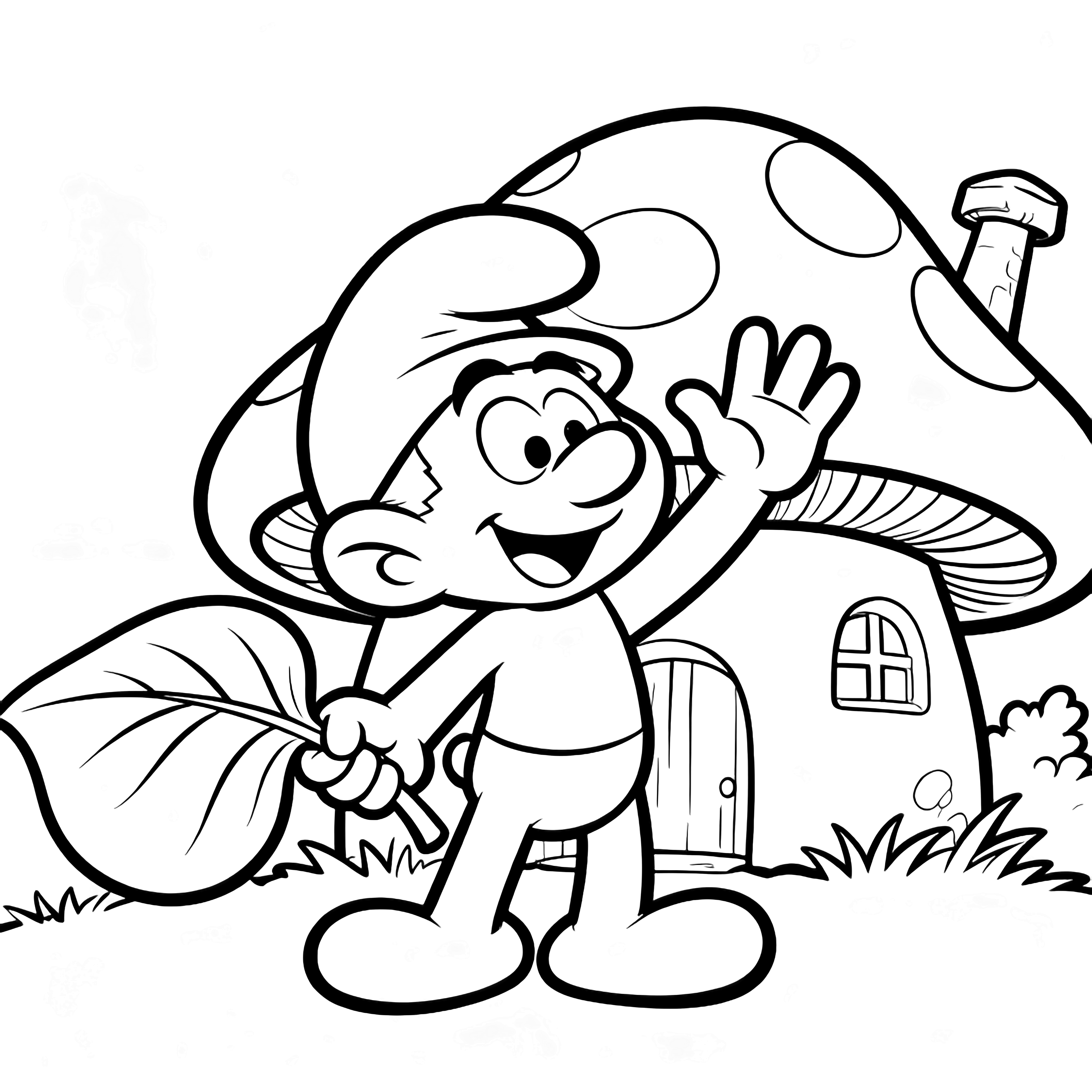 A smiling Smurf waves while clutching a huge floppy leaf hat, standing beside a mushroom house. kleurplaat