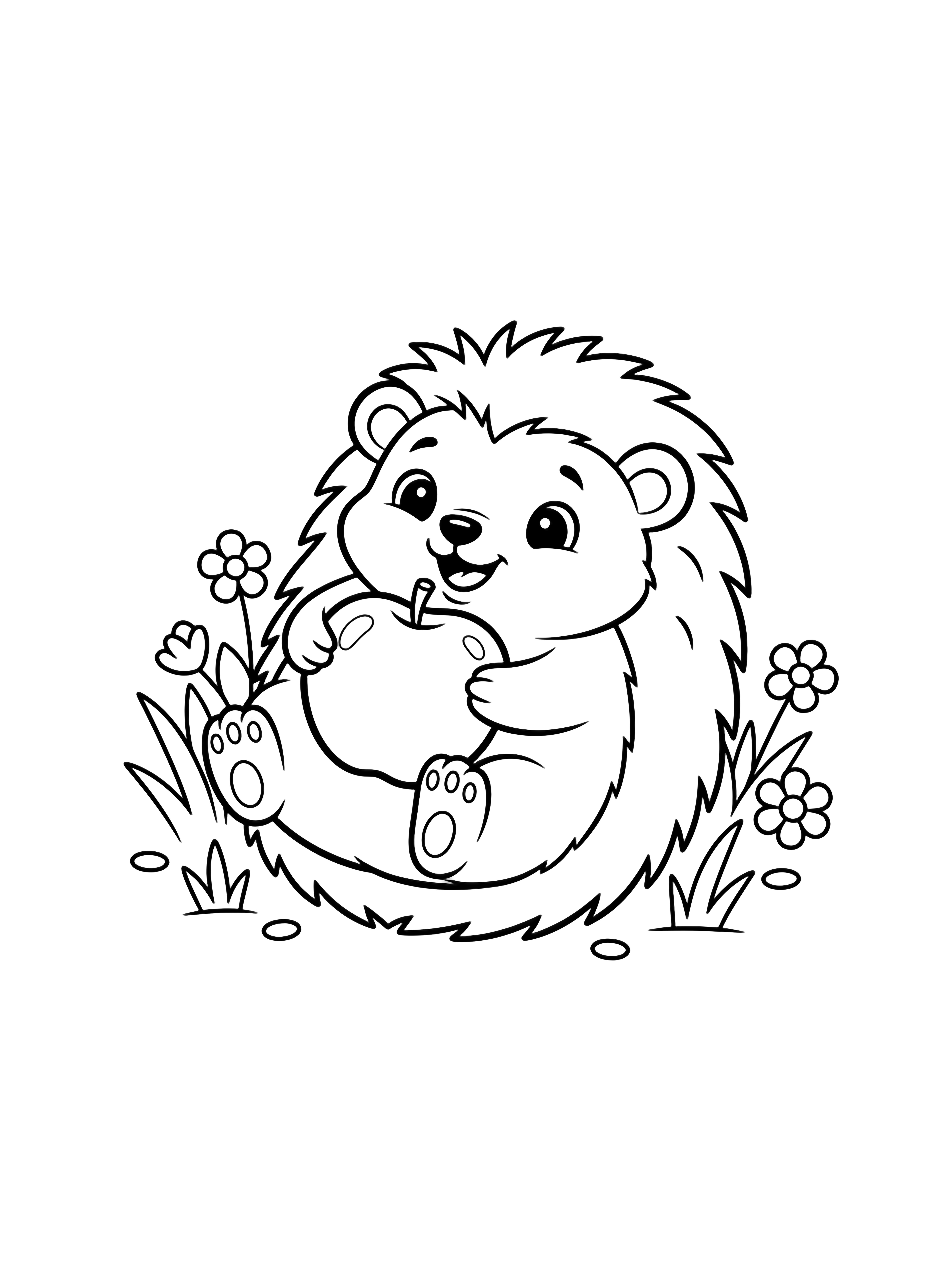 A happy baby hedgehog lies on its back, hugging a big round apple on its belly, surrounded by simple grass and a few flowers. kleurplaat