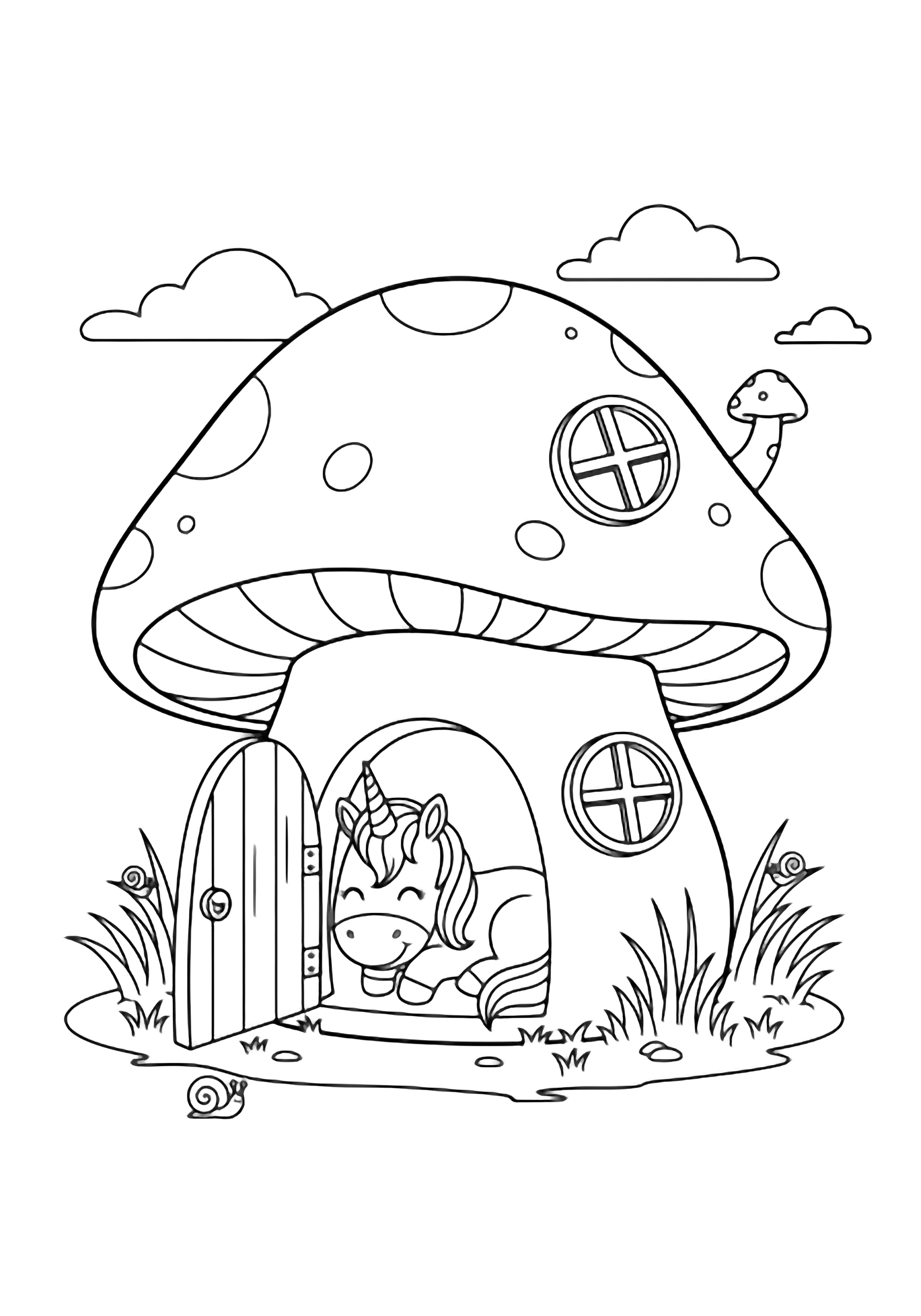 A smiling unicorn naps inside a giant mushroom house with open door and round windows, surrounded by grass, tiny snails, and drifting clouds. kleurplaat