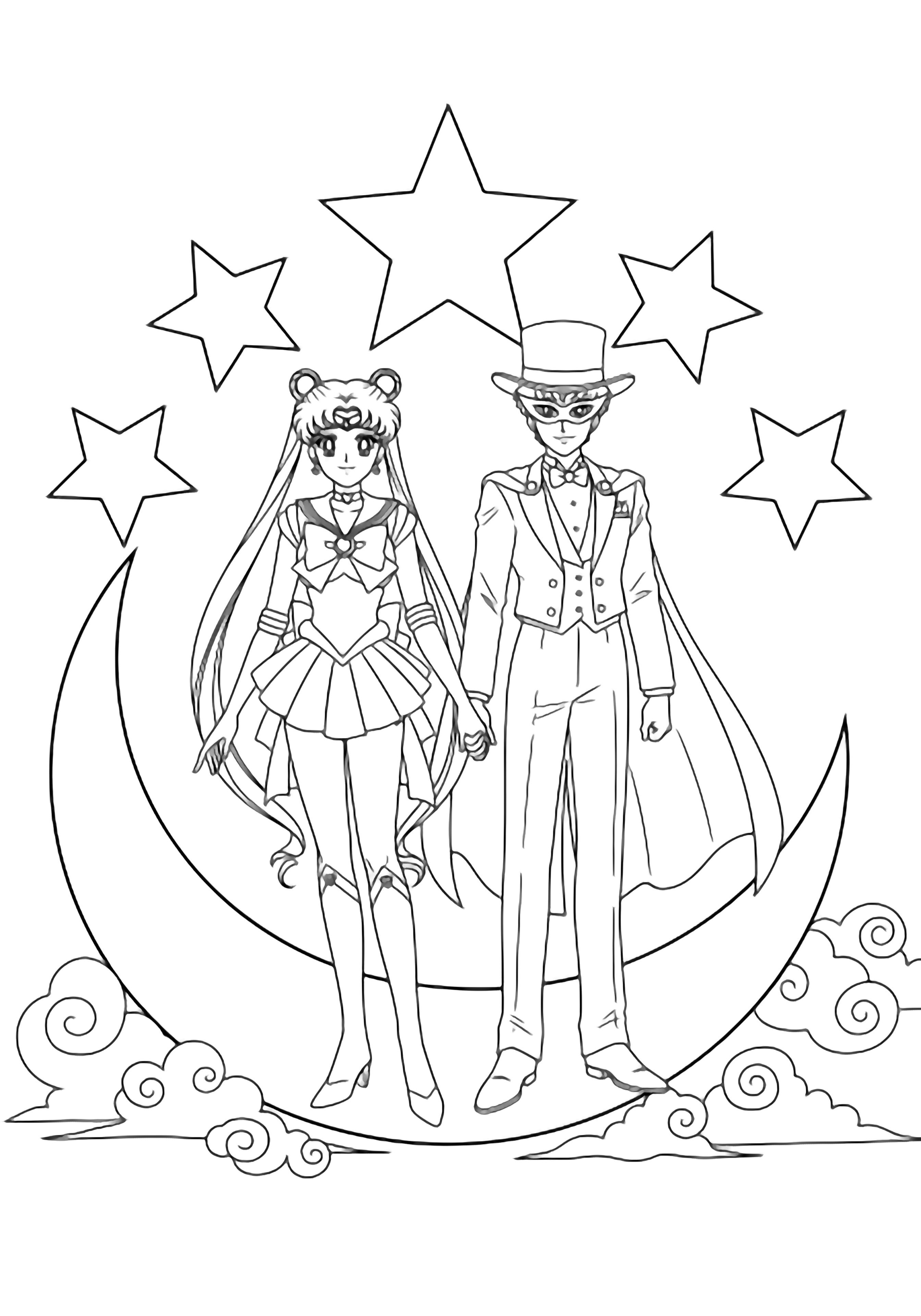 Sailor Moon and Tuxedo Mask hold hands on a crescent-moon platform, encircled by large stars with soft clouds drifting below. kleurplaat