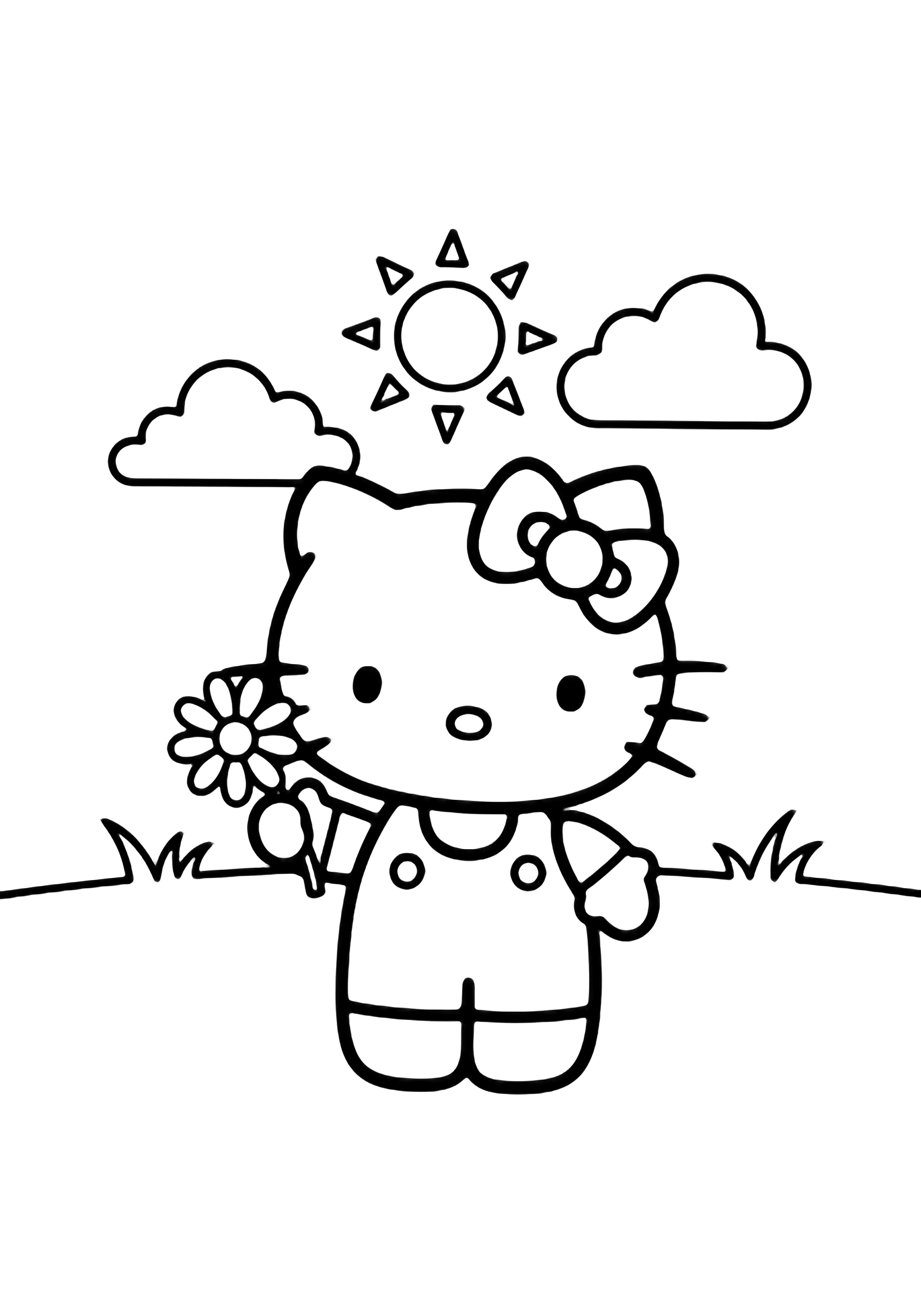 Hello Kitty stands smiling, holding a daisy, with a tiny sun, two clouds above and a simple grass line. kleurplaat