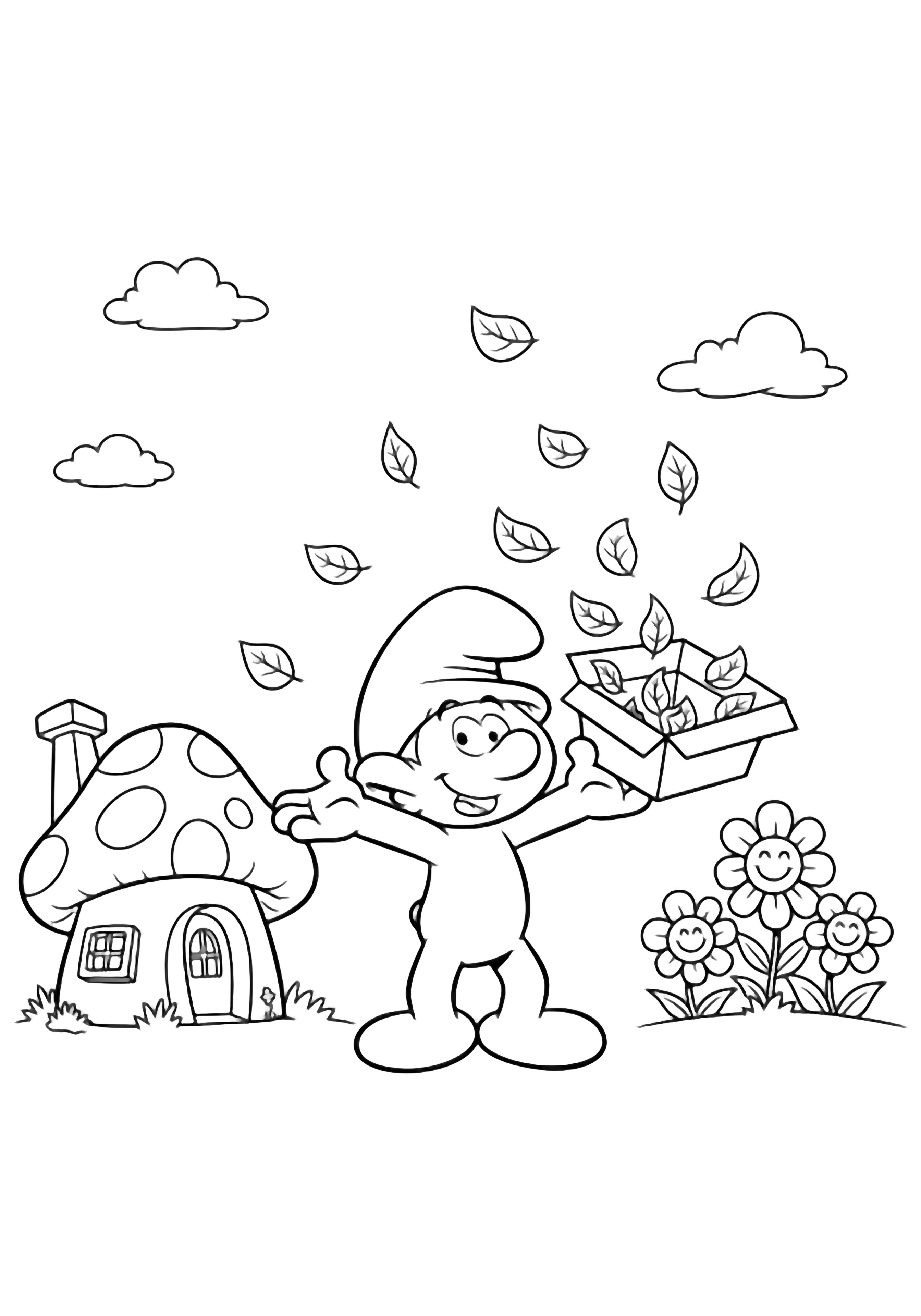 Jokey Smurf stands arms wide, offering an open box releasing drifting leaf outlines, framed by a mushroom house, smiling flowers, and tiny clouds. kleurplaat