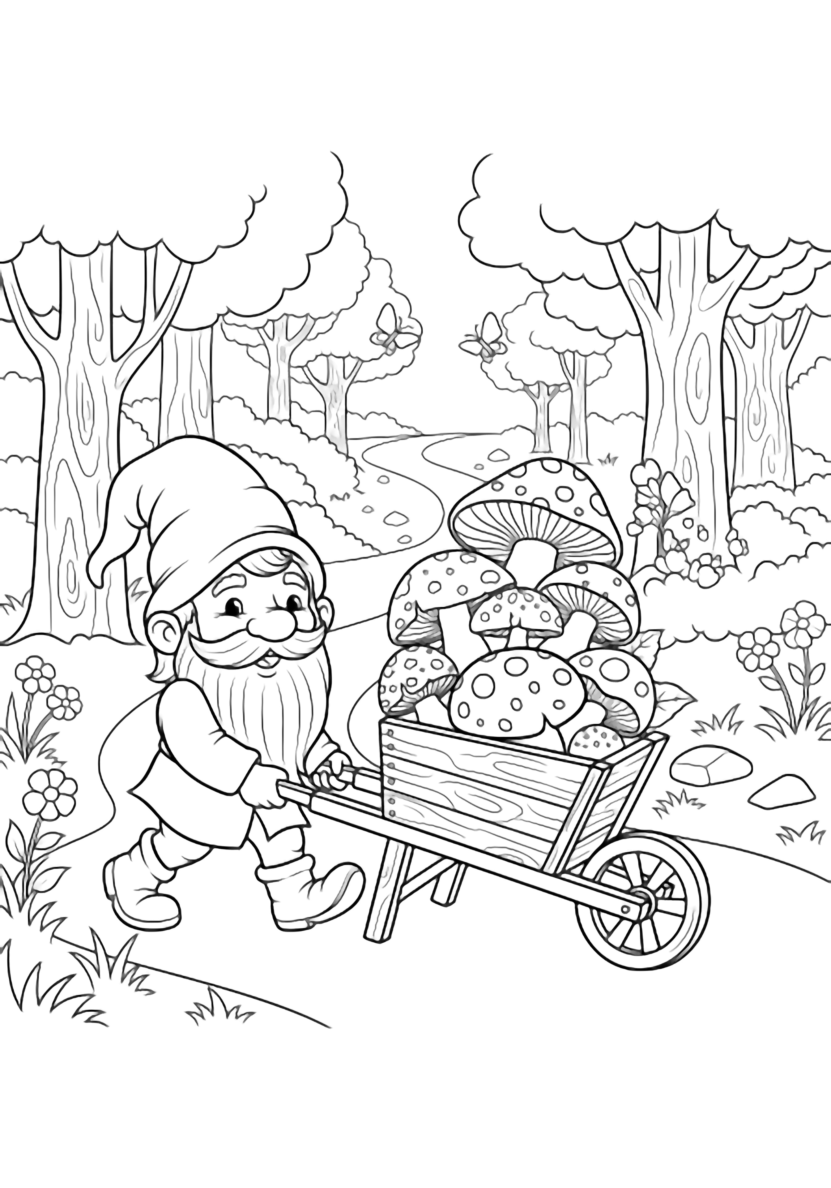 A cheerful gnome in a tall floppy hat pushes a wheelbarrow heaped with big mushrooms along a winding forest path lined with simple trees, flowers, and butterflies. kleurplaat