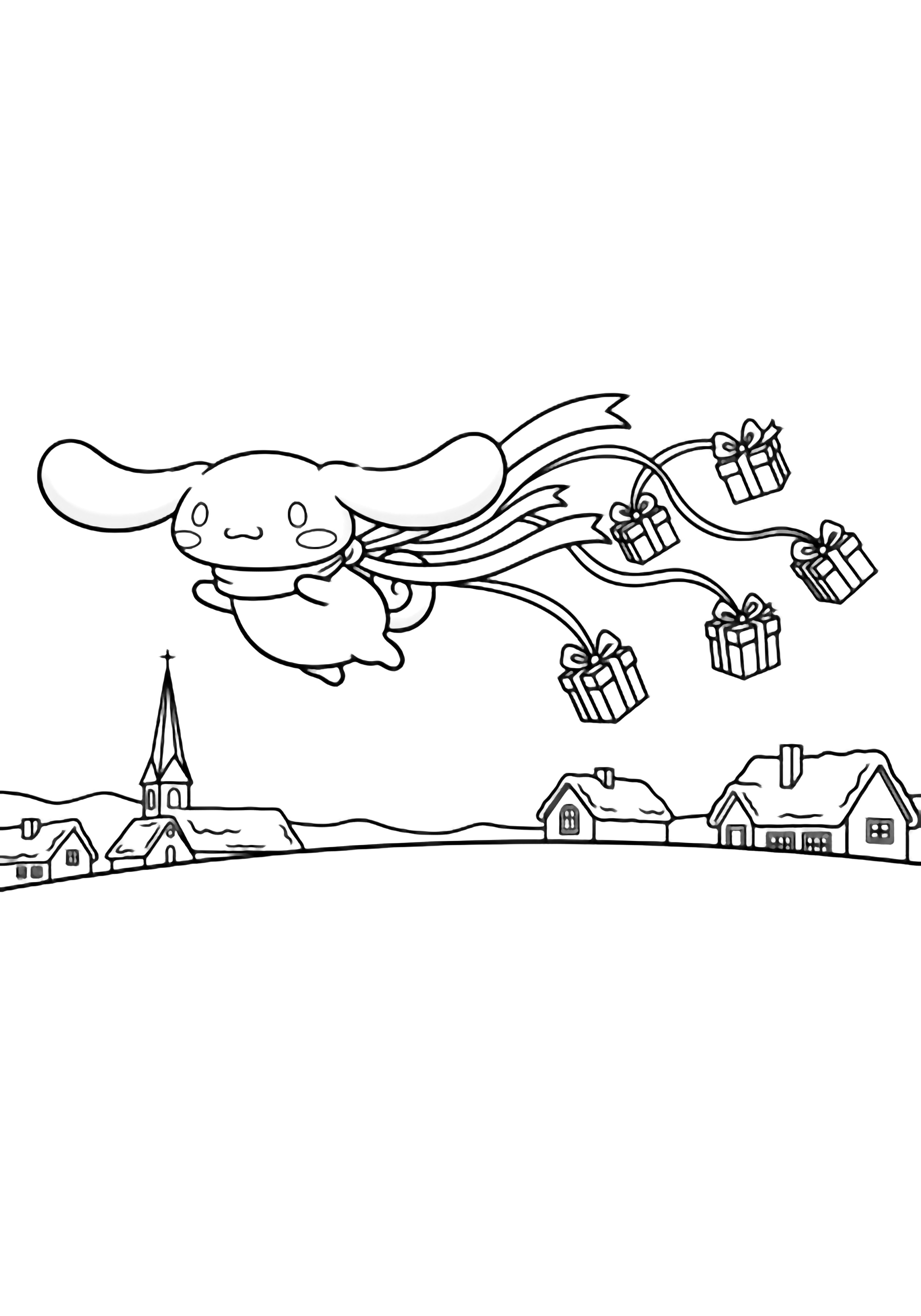 Cinnamoroll glides above snow-rooftops, ears and scarf streaming; gift boxes hang from ribbons; church spire and cottages below. kleurplaat