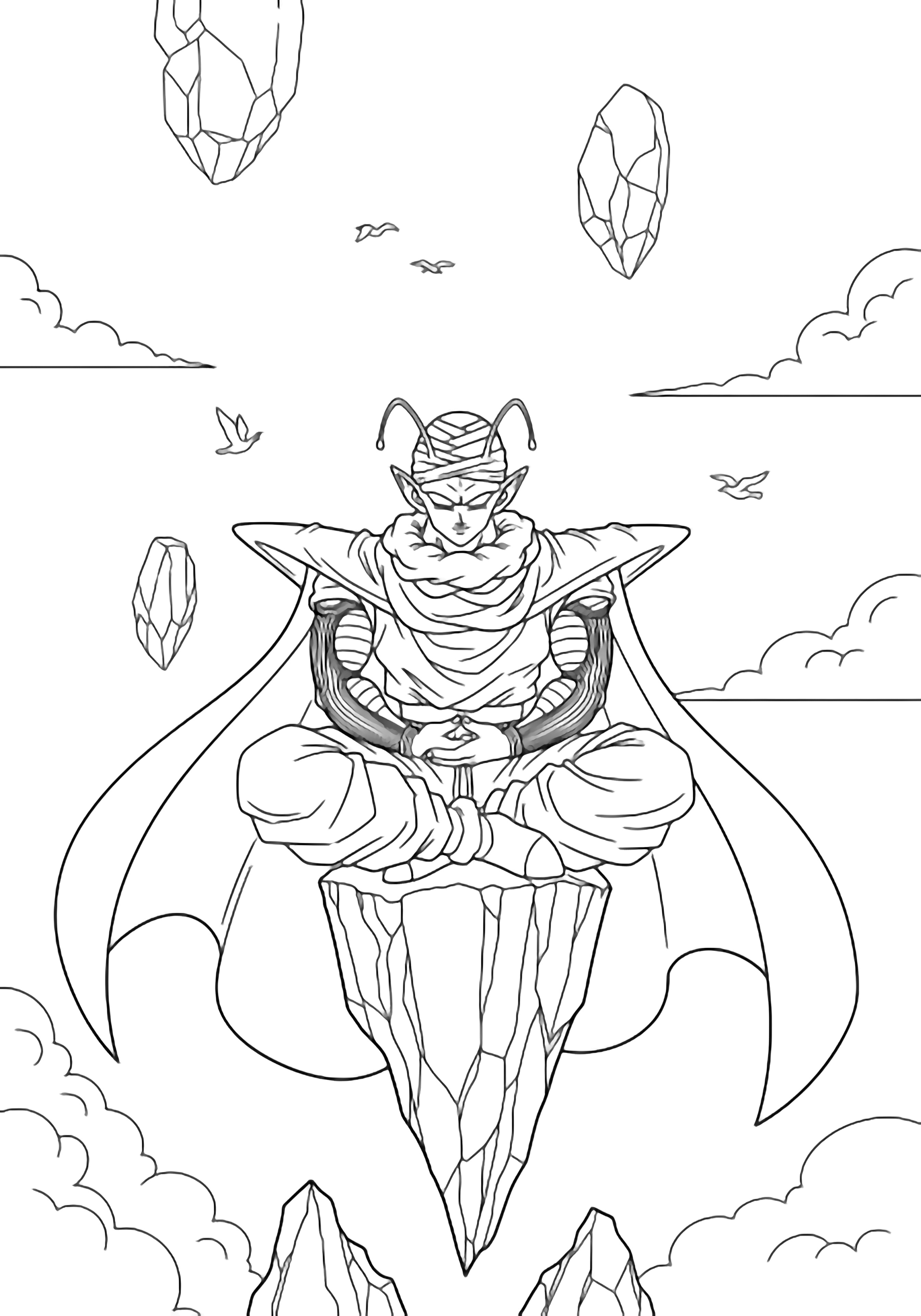Piccolo meditates cross-legged on a jagged spire, cape drifting, eyes shut, curved antennae; simple clouds and distant birds hover around. kleurplaat