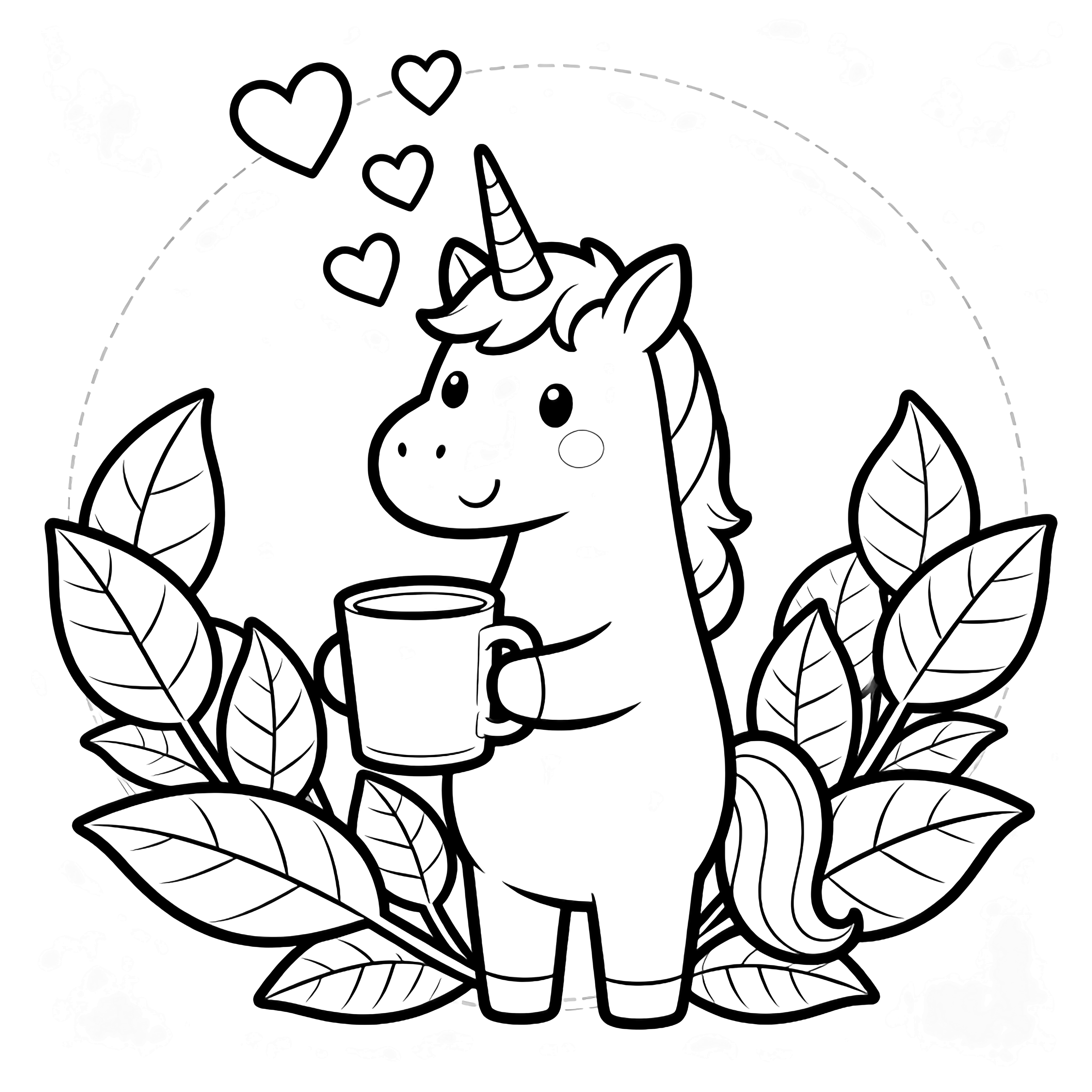 A smiling unicorn holds a big mug while simple hearts float over its mane and a ring of large leaves encircles its body. kleurplaat