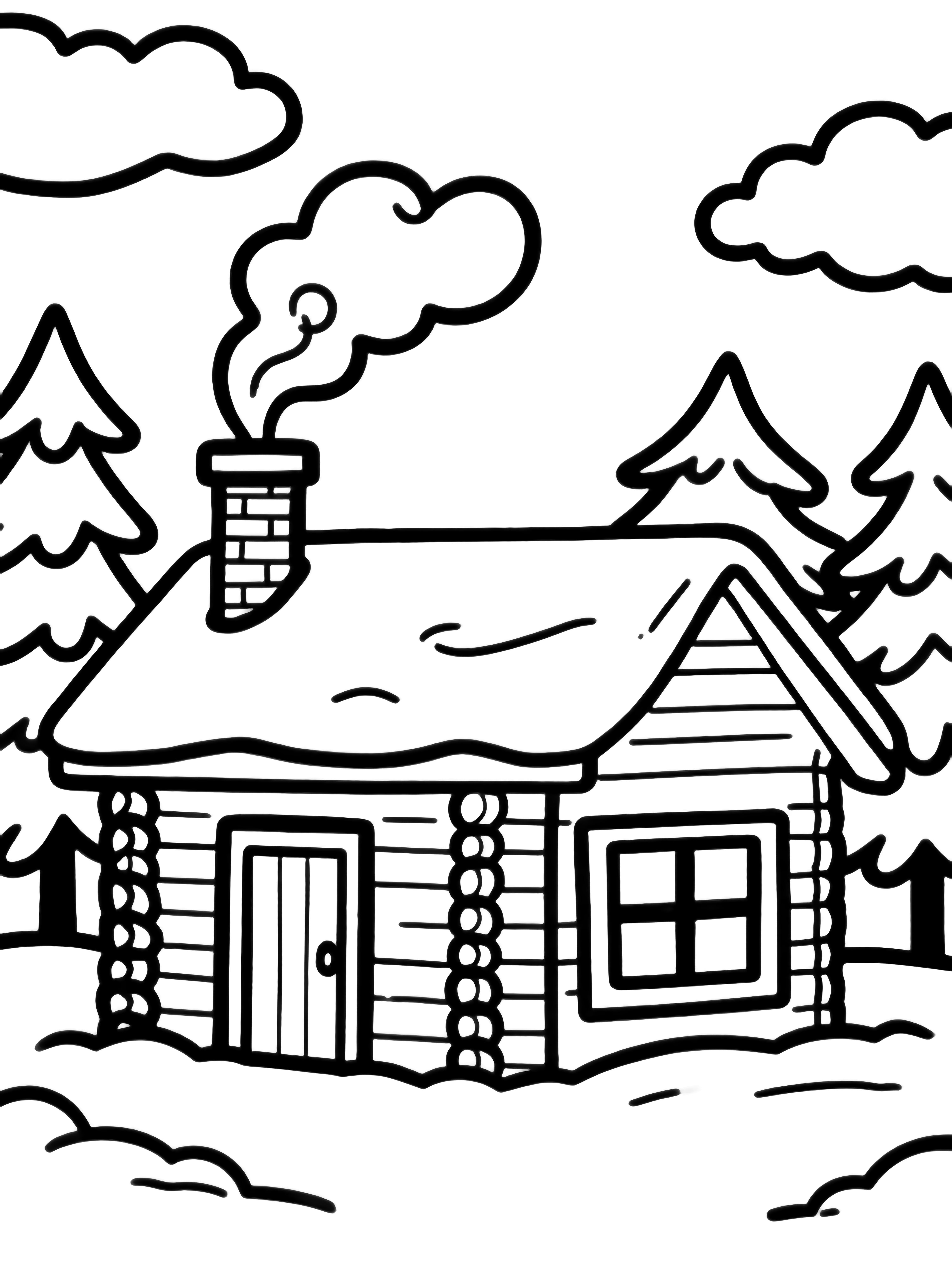 A cozy cabin with snow-topped roof, open door and windows, chimney smoke curling up, simple pines and drifting clouds behind. kleurplaat