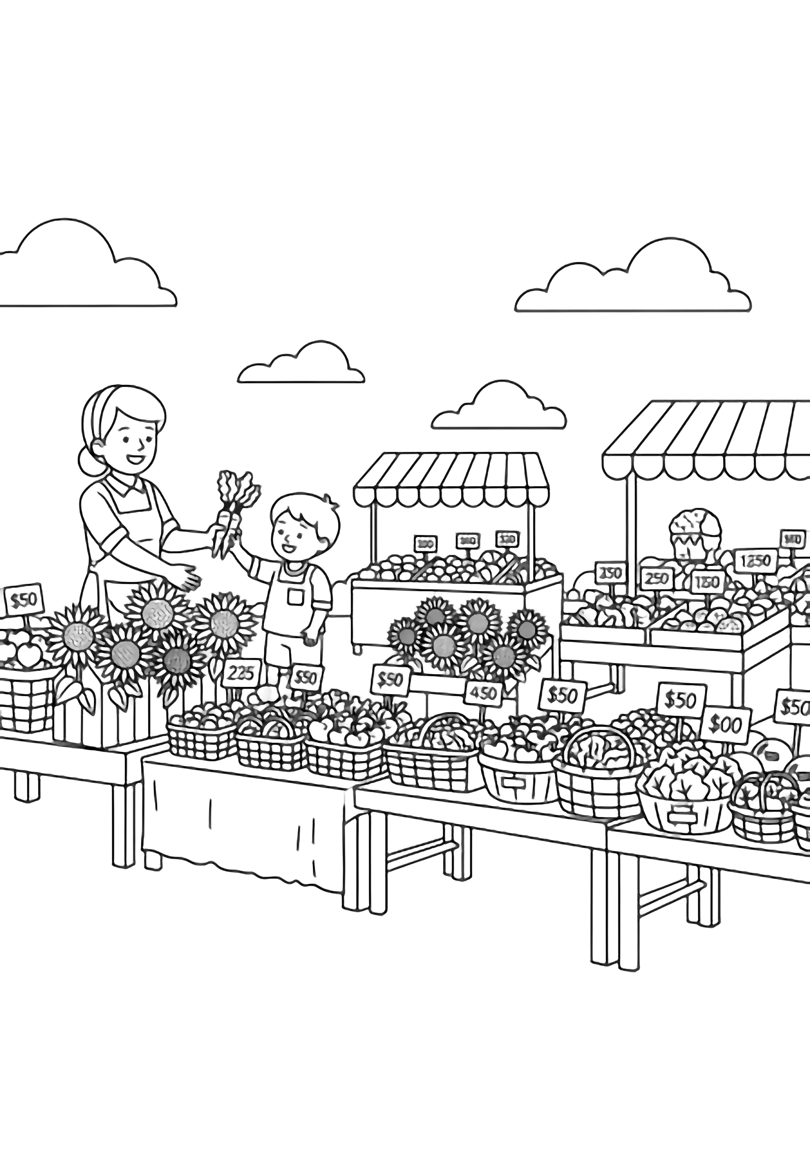 A farmer's market with tables of produce, sunflowers, price signs, a smiling vendor handing a child a bunch of vegetables, and simple clouds overhead. kleurplaat