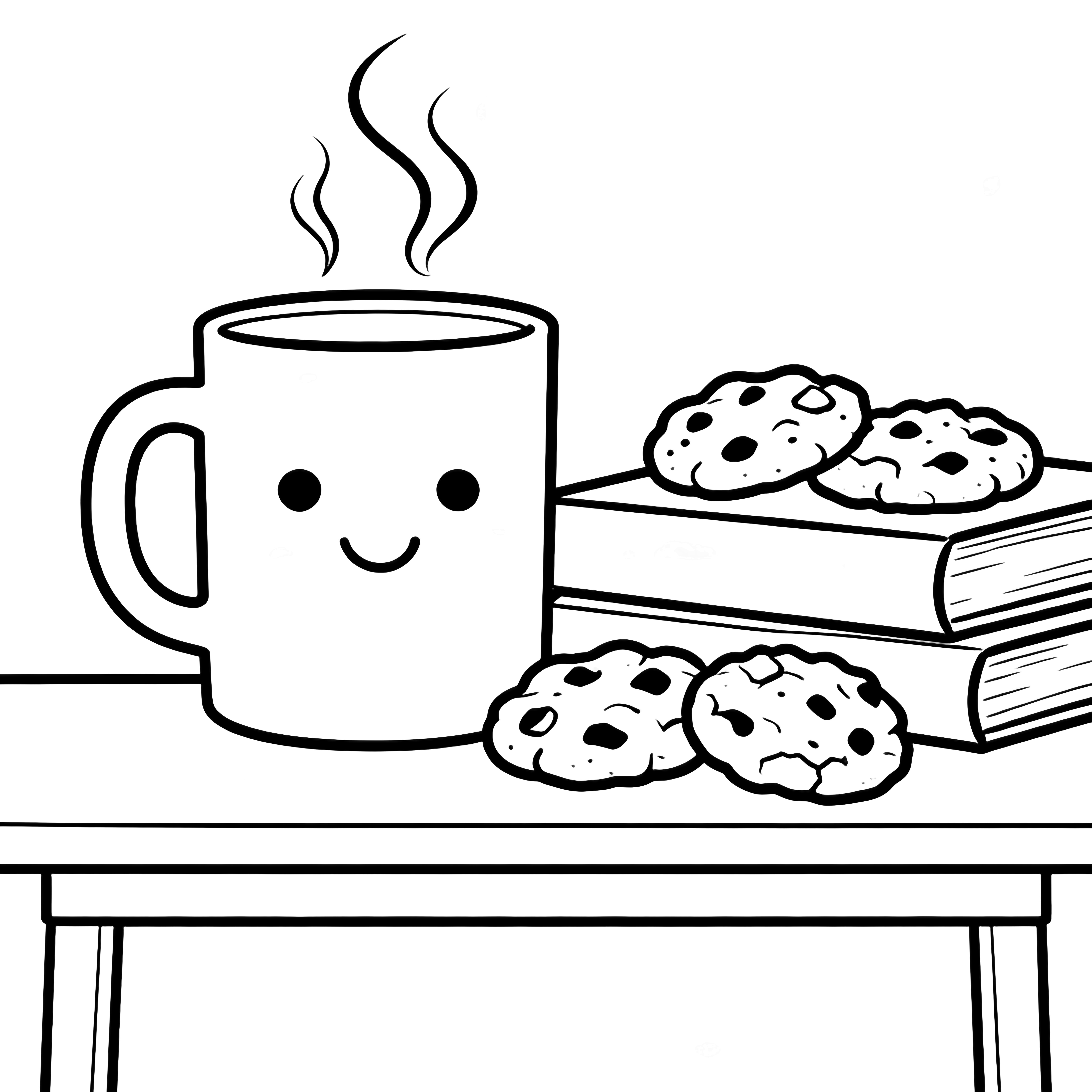 A cheerful mug with dotted eyes and a curved smile, steam curling above, beside four chunky cookies and two stacked books on a minimal table. kleurplaat