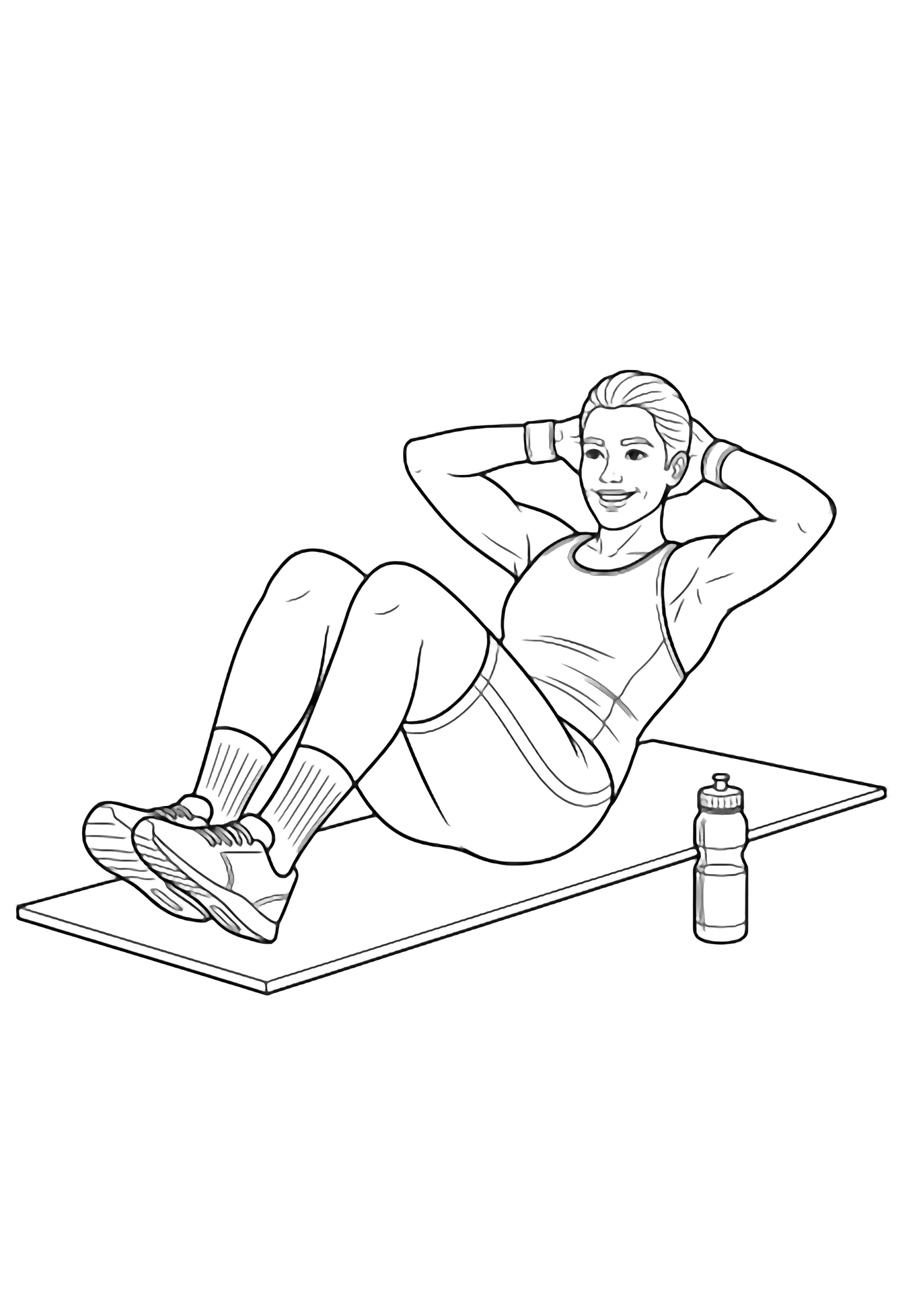 Smiling athlete doing sit-ups on a mat, knees bent, hands behind head, water bottle beside. kleurplaat