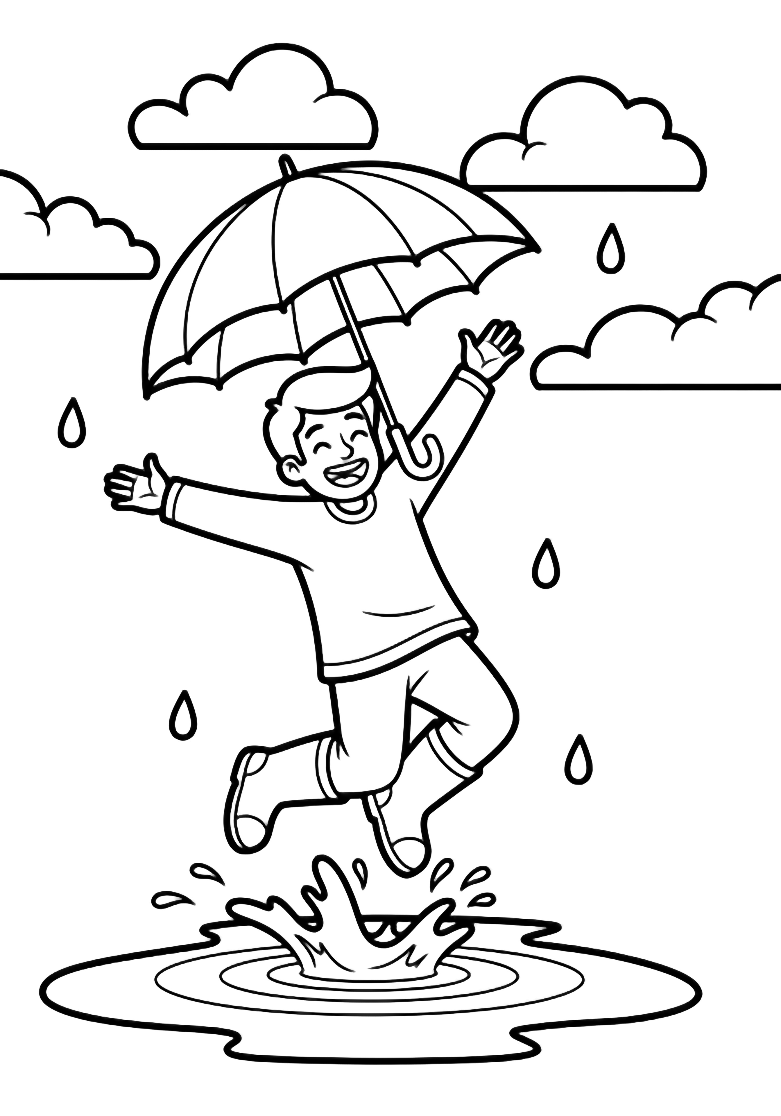 A joyful child leaps in rain boots, arms wide, umbrella overhead, splashing a puddle under fluffy clouds and falling raindrops. kleurplaat