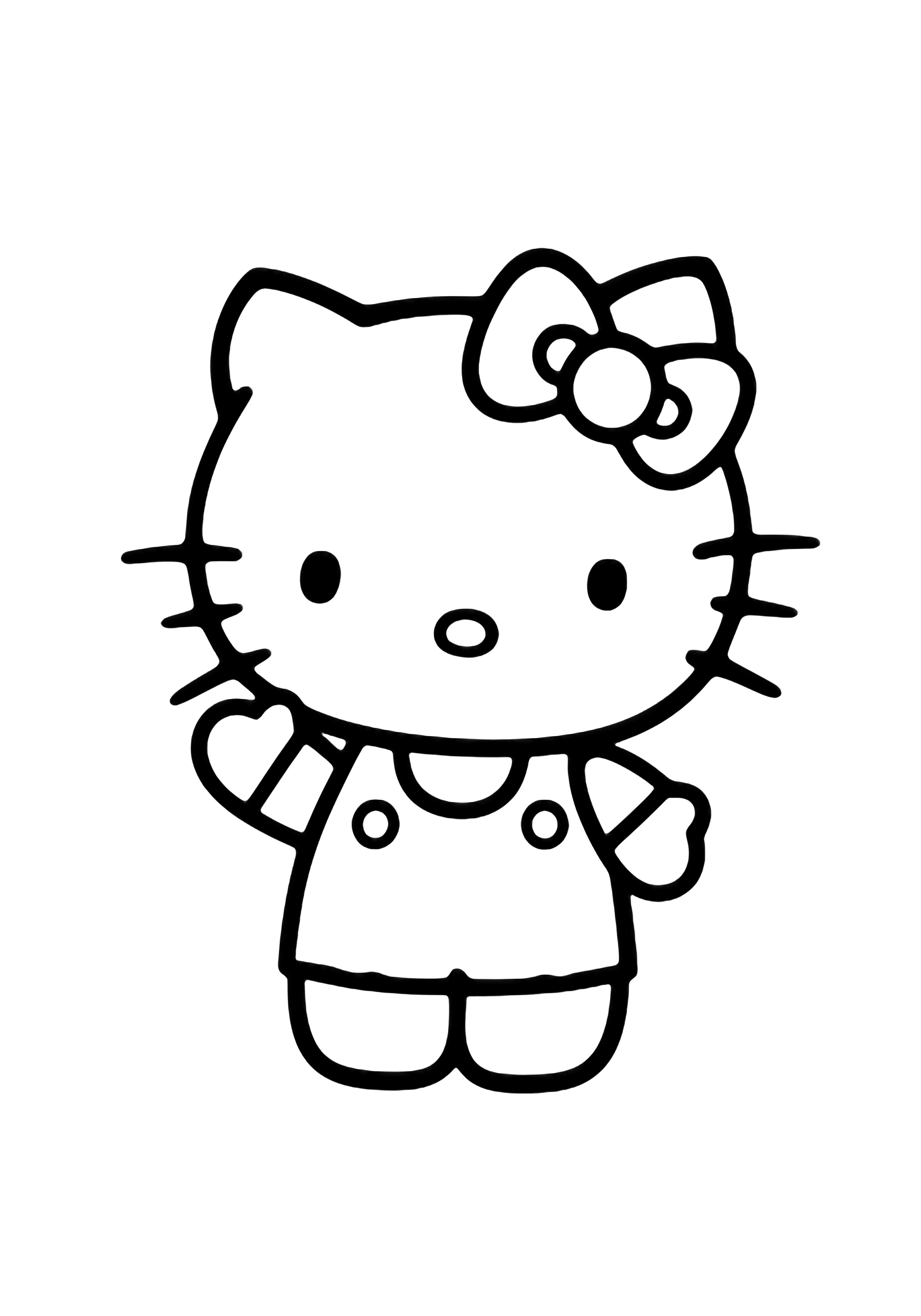 Hello Kitty's big smiling head waves from the center, bow perched above, her dress-clad body outlined boldly on white. kleurplaat