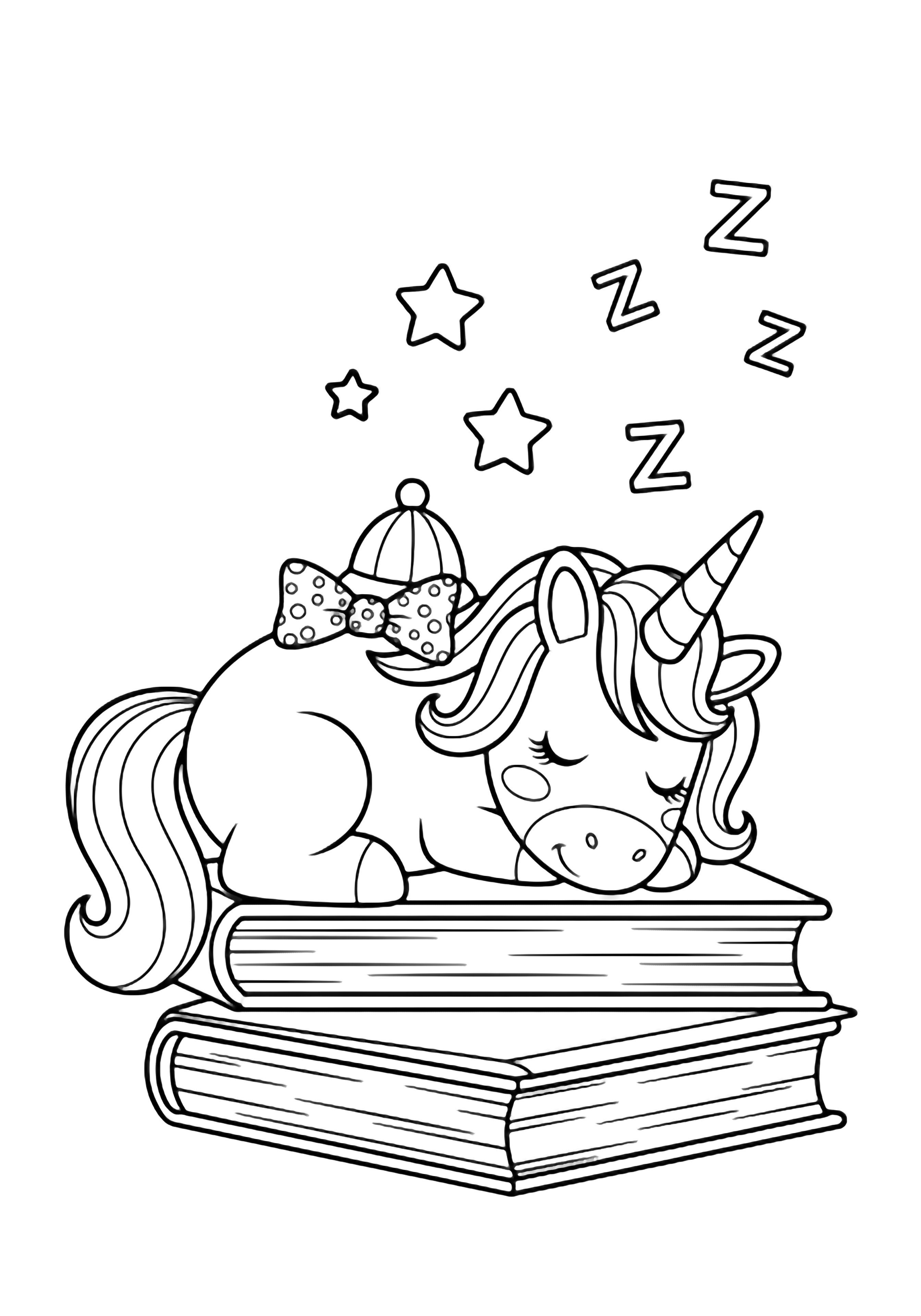 A smiling unicorn wearing a tiny bow-tie hat sleeps curled on a stack of open books, surrounded by drifting z's and three hovering stars. kleurplaat