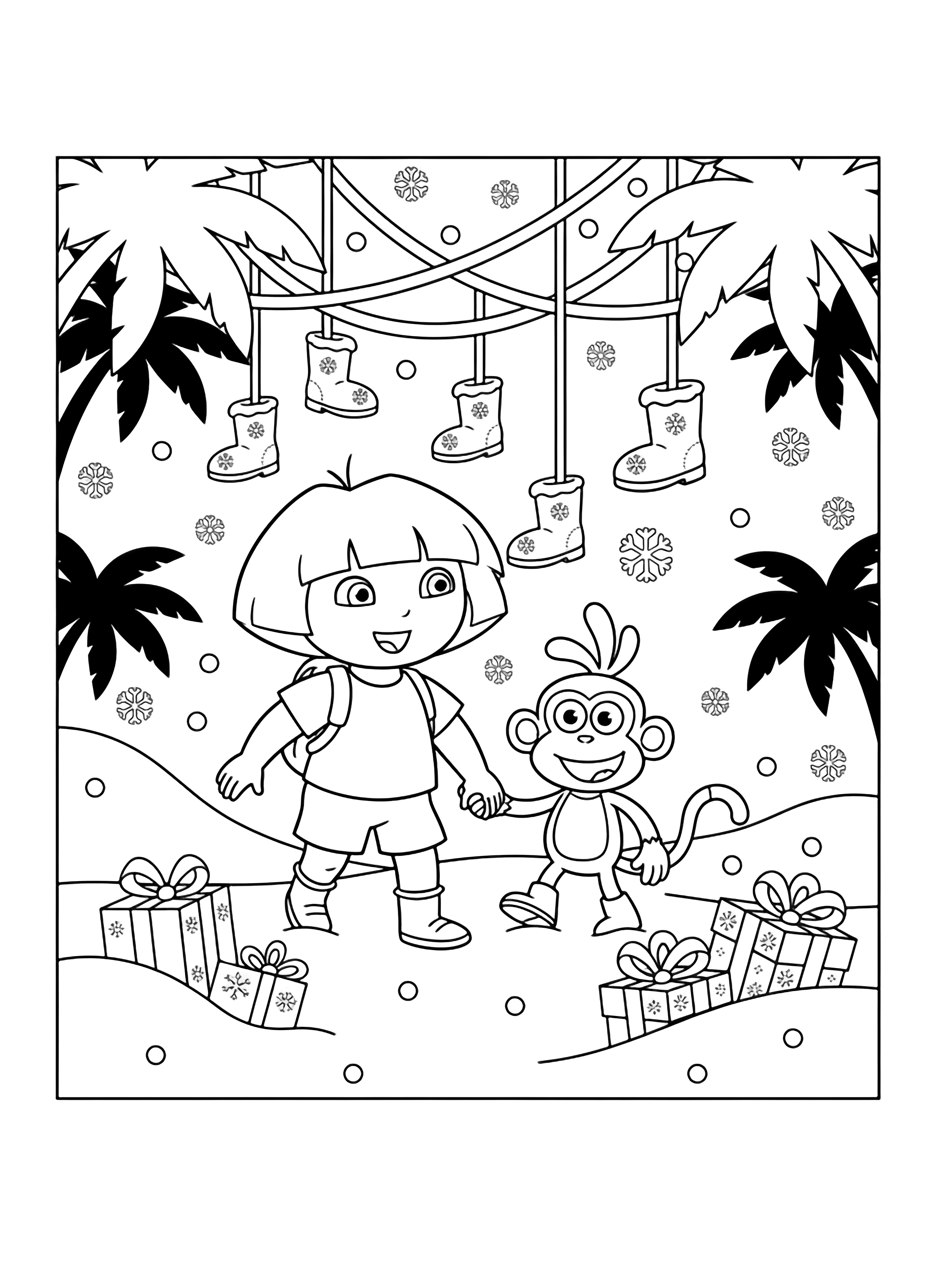 Dora and Boots walk hand-in-hand beneath hanging vines; empty boots dangle above while gift boxes dot snowy mounds, framed by palm silhouettes and snowflakes. kleurplaat