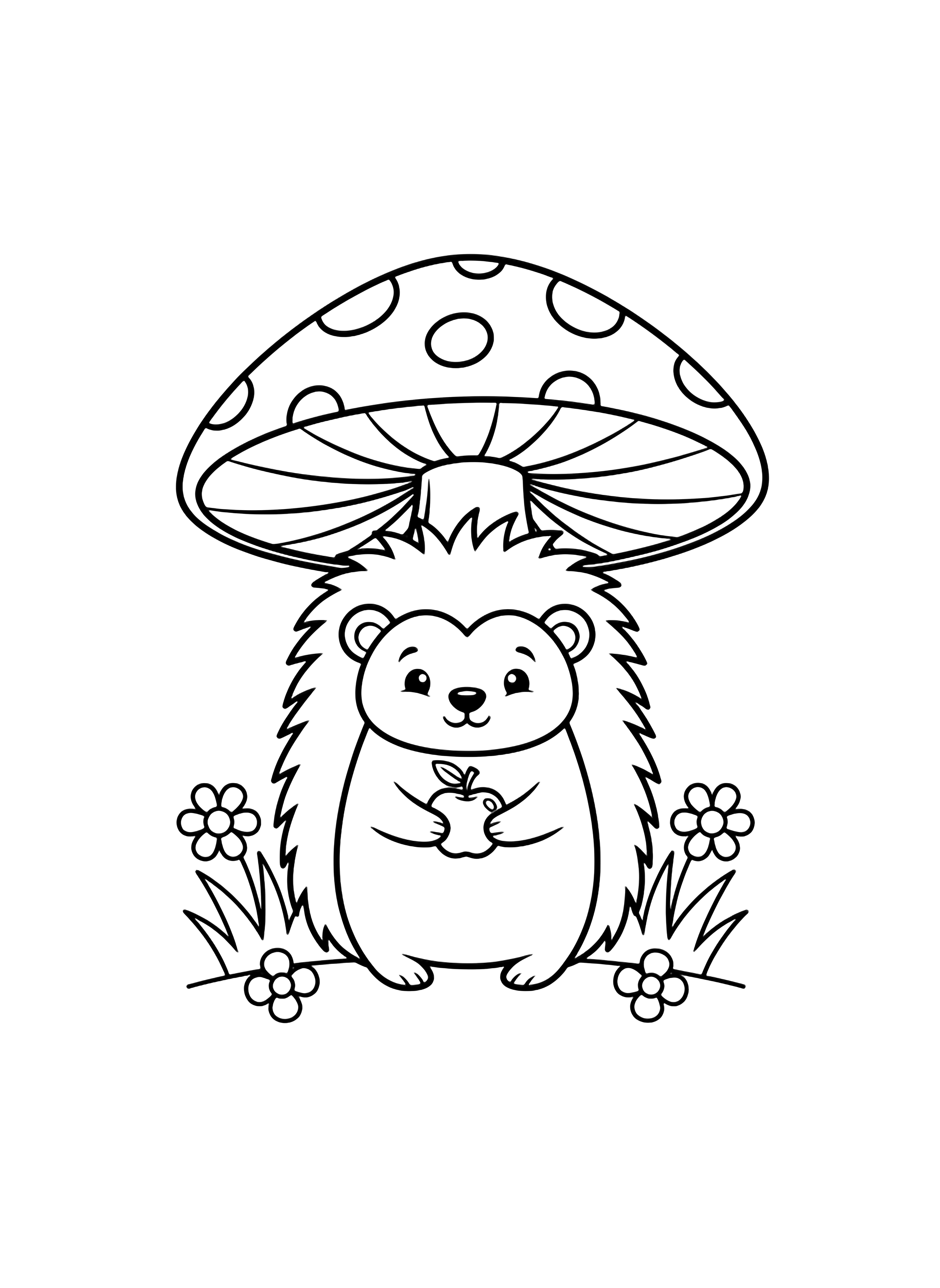 A smiling hedgehog holds a tiny apple while standing under a broad toadstool, flanked by grass blades and two small flowers. kleurplaat
