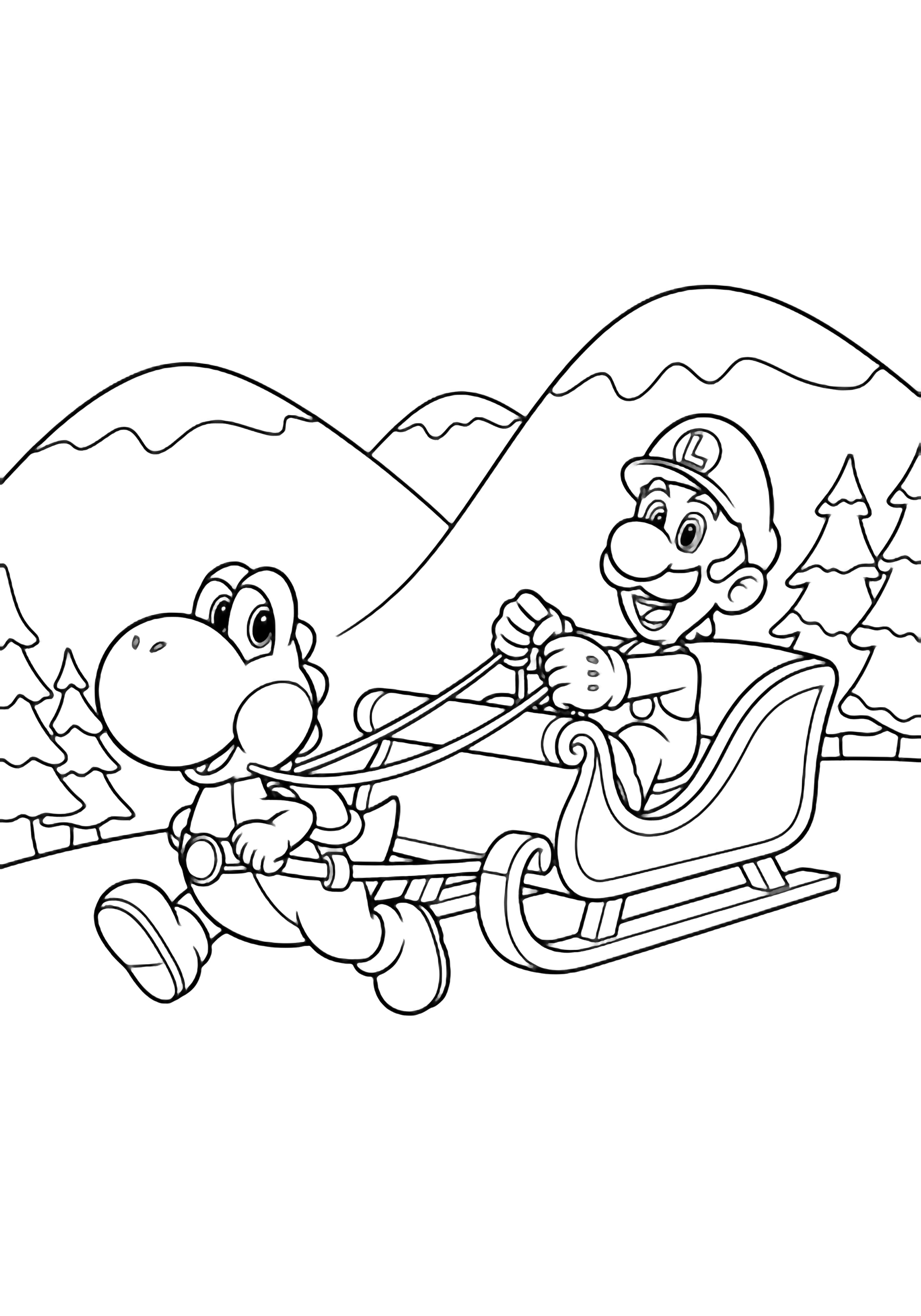 Luigi rides a sleigh pulled by trotting Yoshi through a snowy mountain landscape dotted with pine trees. kleurplaat