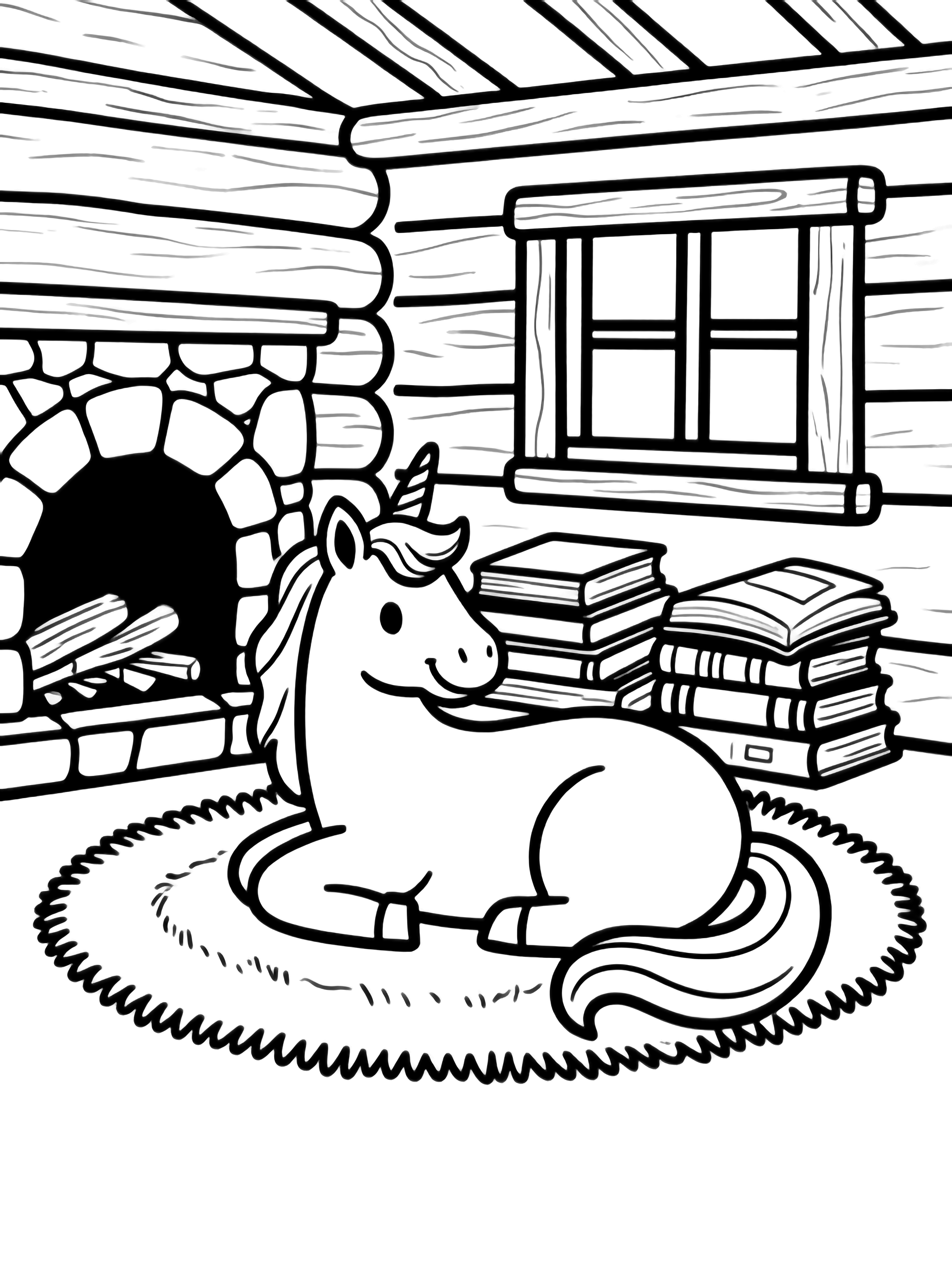 A smiling unicorn curled on a thick rug in a log cabin, empty stone fireplace behind, stacked open books beside wooden beams and window frame. kleurplaat