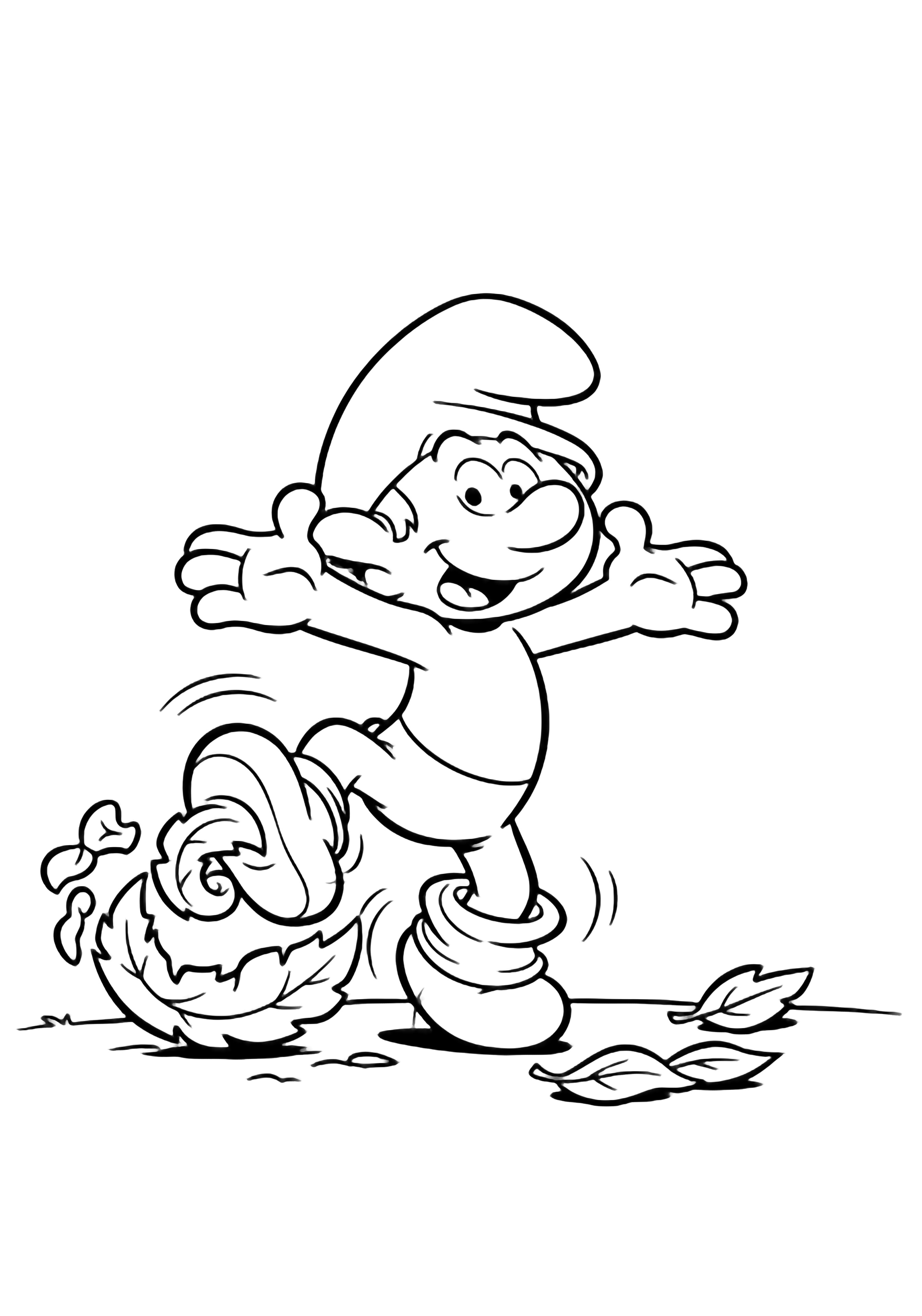 Clumsy Smurf stumbling with arms flailing, foot caught in a leafy swirl, grinning; simple ground line and scattered leaves. kleurplaat