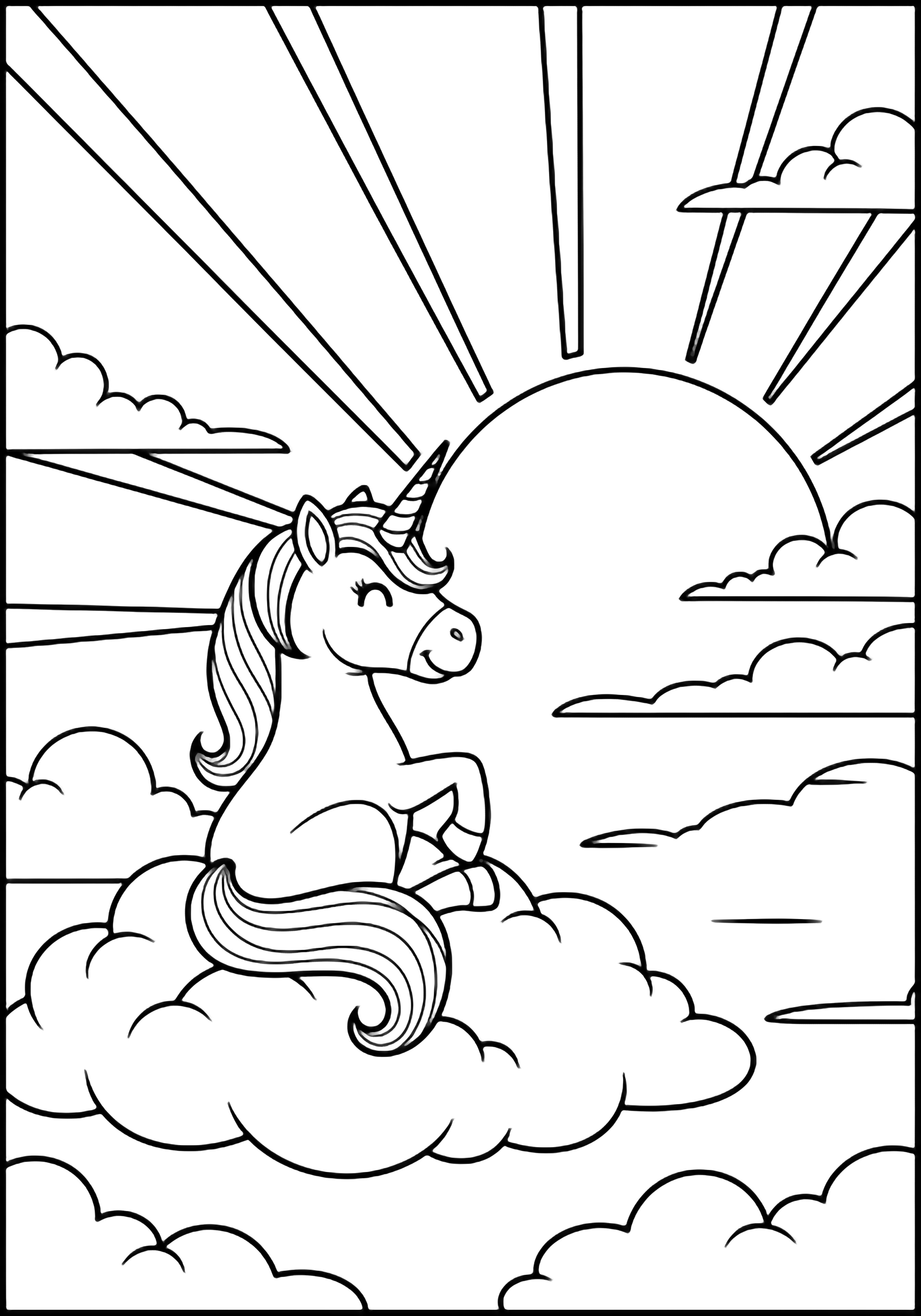 Smiling unicorn sits on a fluffy cloud, tail curled, watching the sunrise with simple rays in an open sky. kleurplaat