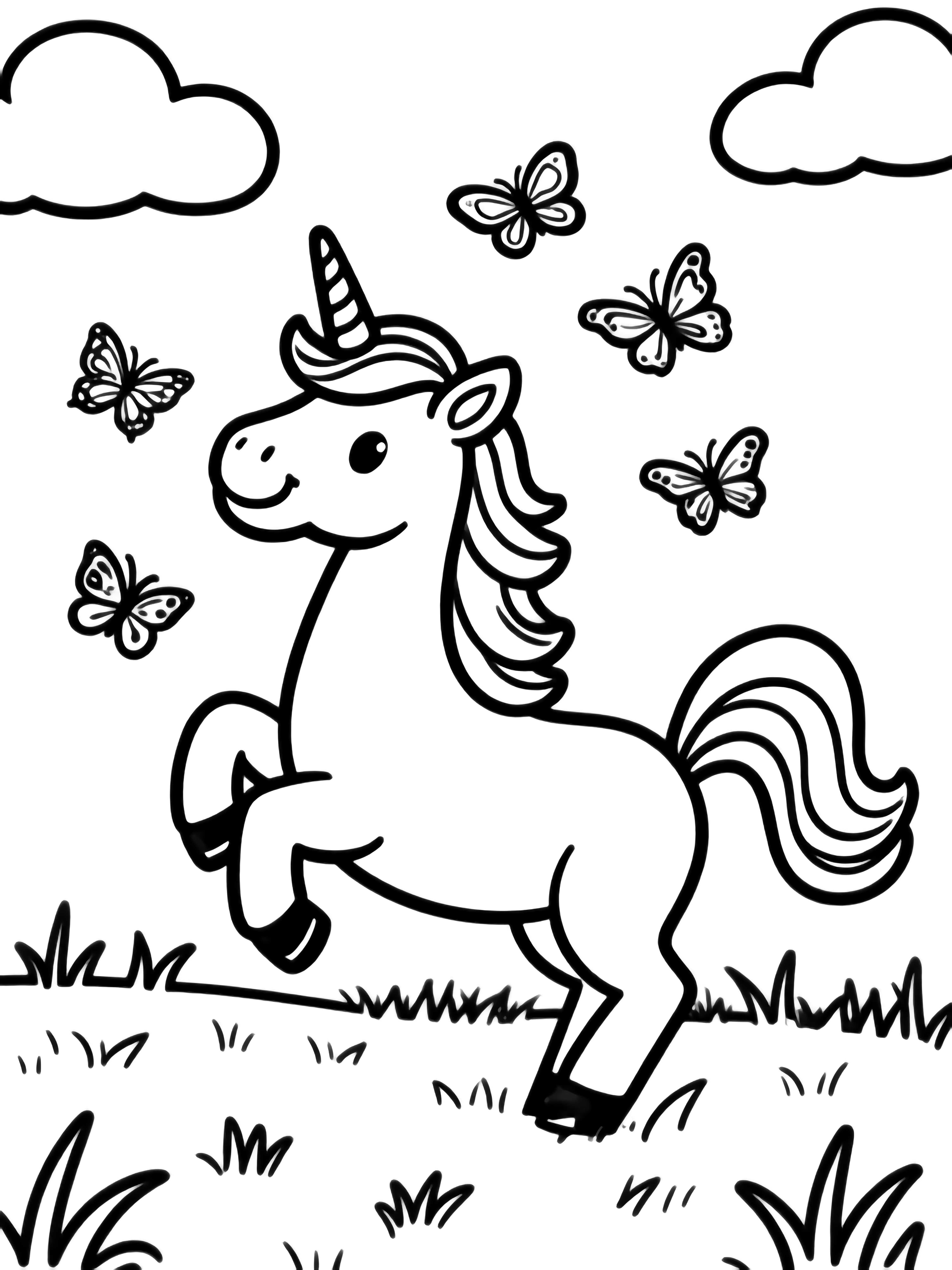 A smiling unicorn rears in a meadow while five butterflies flutter around its mane and tail, framed by simple grass tufts and clouds. kleurplaat