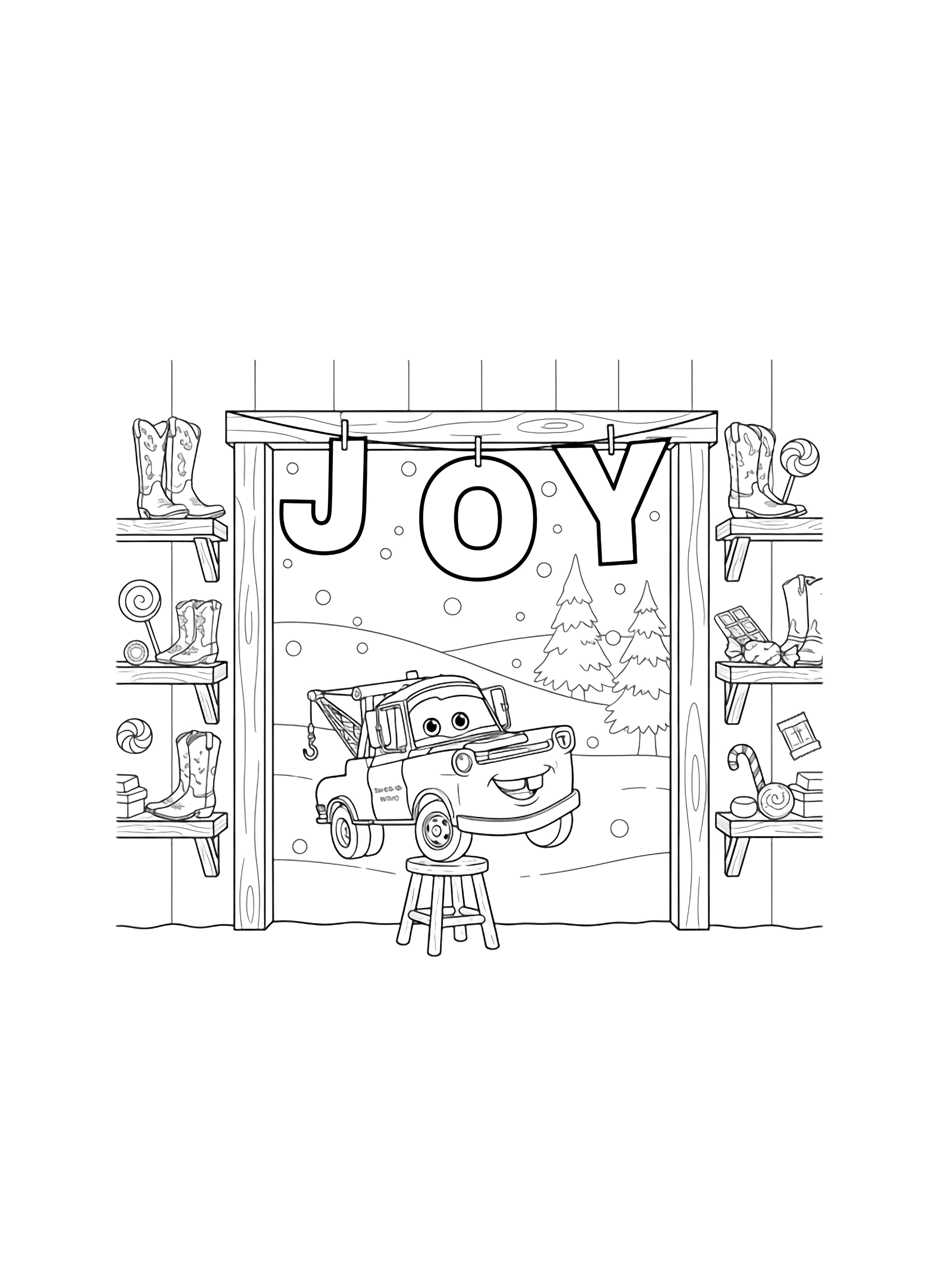 Mater on a stool hanging giant letters spelling "JOY" above an open garage, shelves of cowboy boots and candy, snowflakes drifting outside. kleurplaat