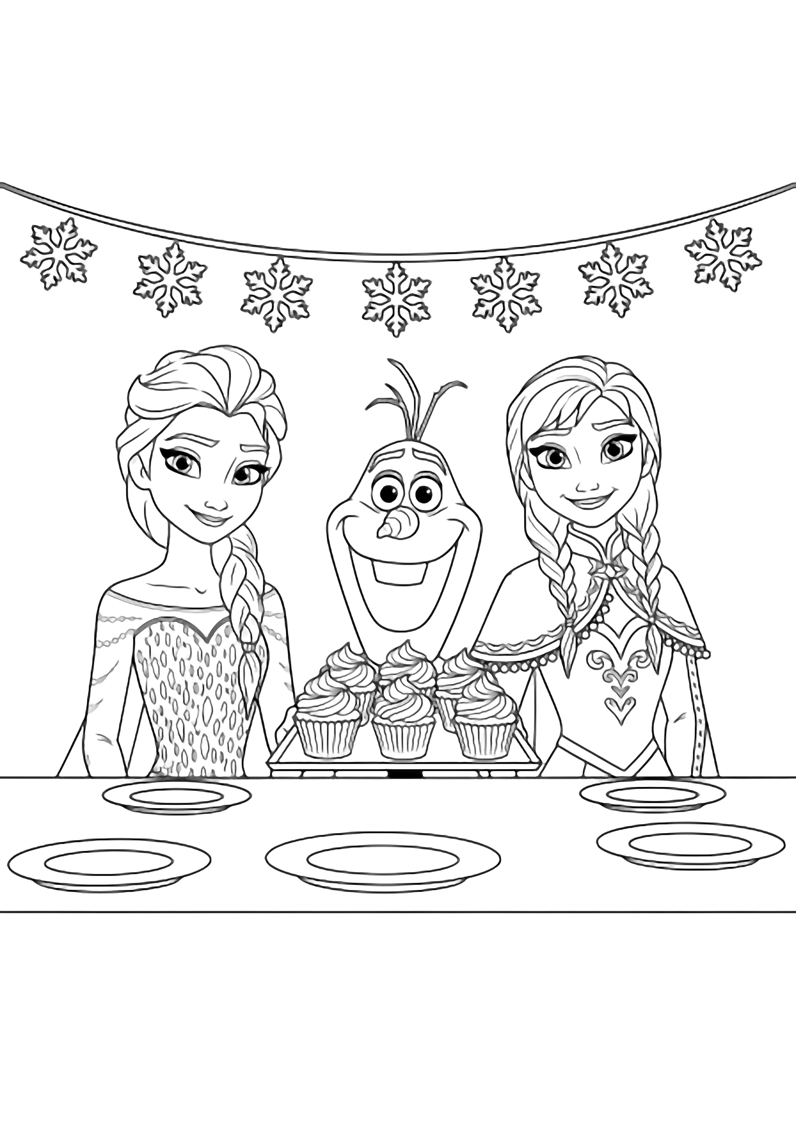 Elsa and Anna smile behind a banquet table while Olaf presents snow-swirl cupcakes beneath a snowflake garland. kleurplaat