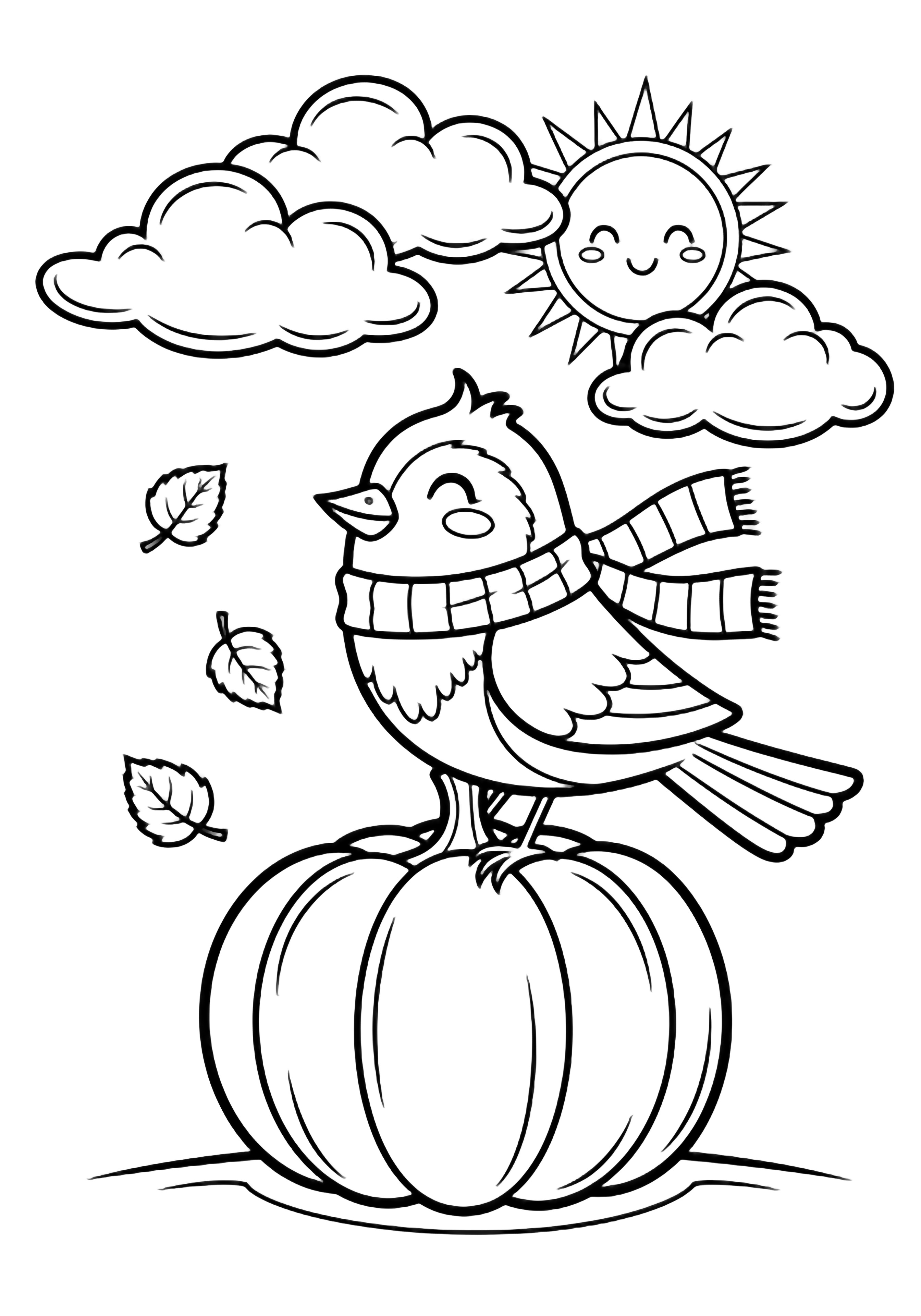 A cheerful songbird wearing a striped scarf sits on a plump pumpkin while three small leaves drift past; above, a smiling sun and clouds hover over a simple ground line. kleurplaat