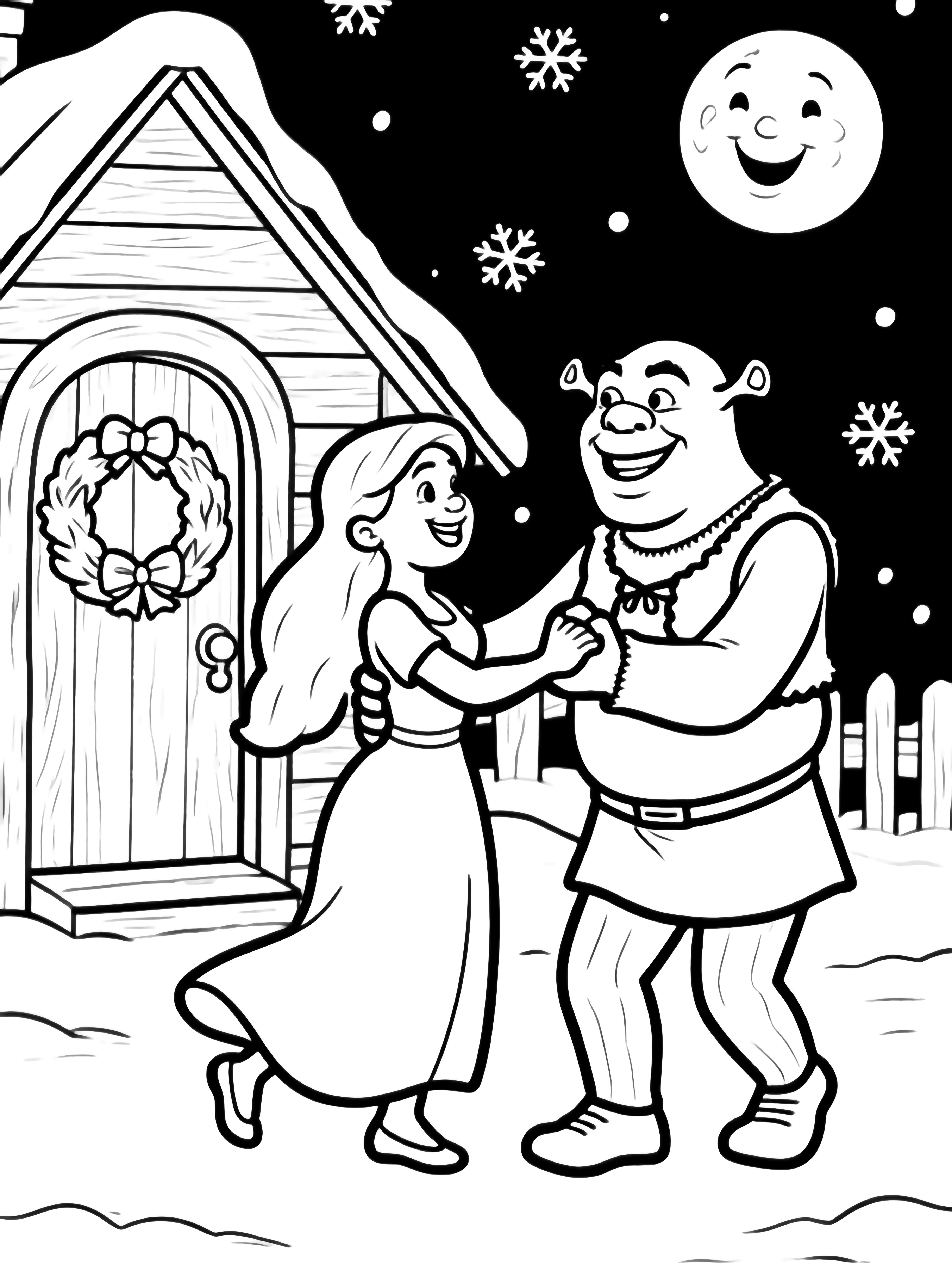 illustration on a Fiona and Shrek waltz happily in the center holding hands; simple wooden cottage behind with large open wreath on door bare ground light snowflake outlines drifting smiling moon above all in bold black outlines on white clean black kleurplaat