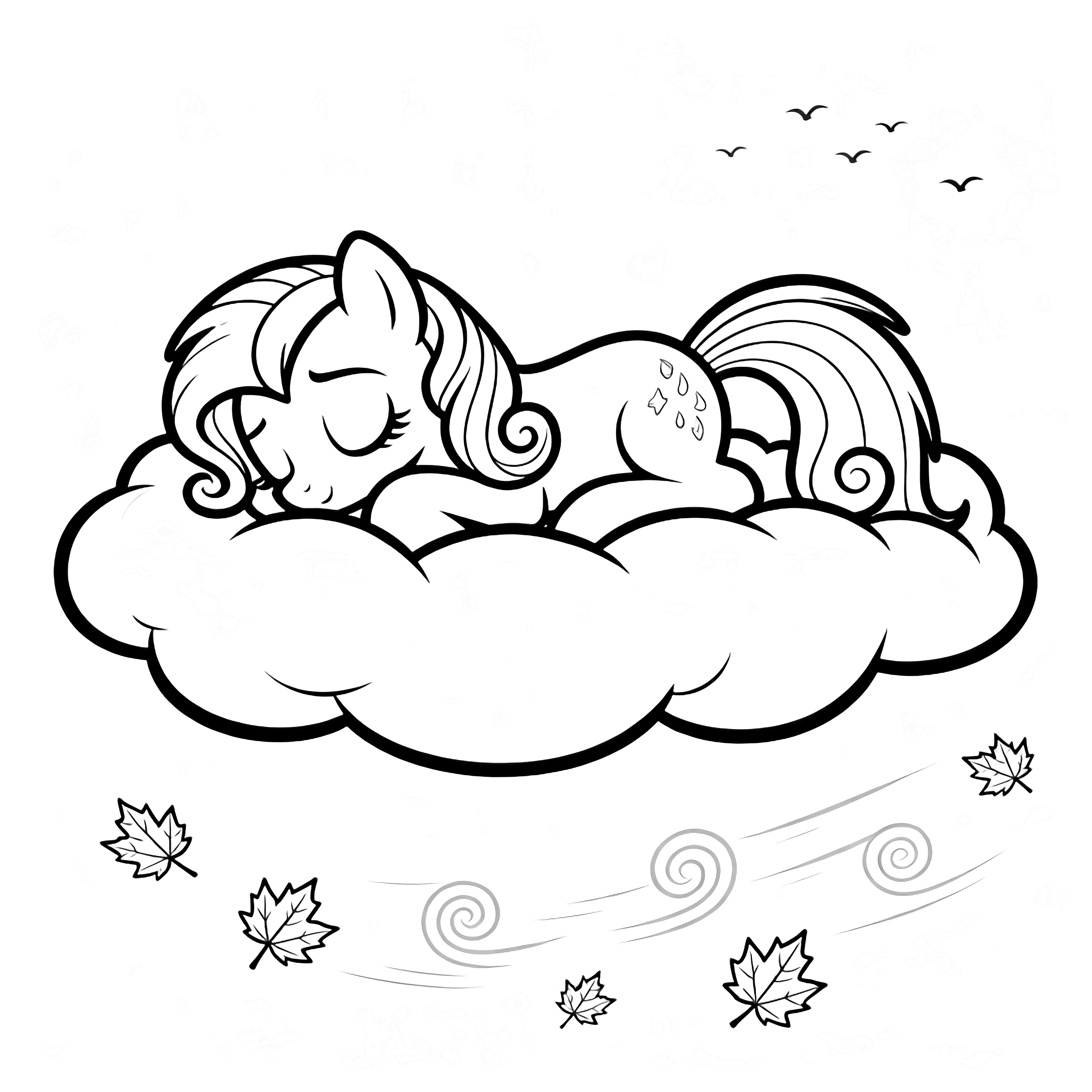 Regenboog Dash-pony ligt gekruld te slapen op een wolk; esdoornbladeren dwarrelen beneden terwijl kleine vogels door de lucht glijden. kleurplaat