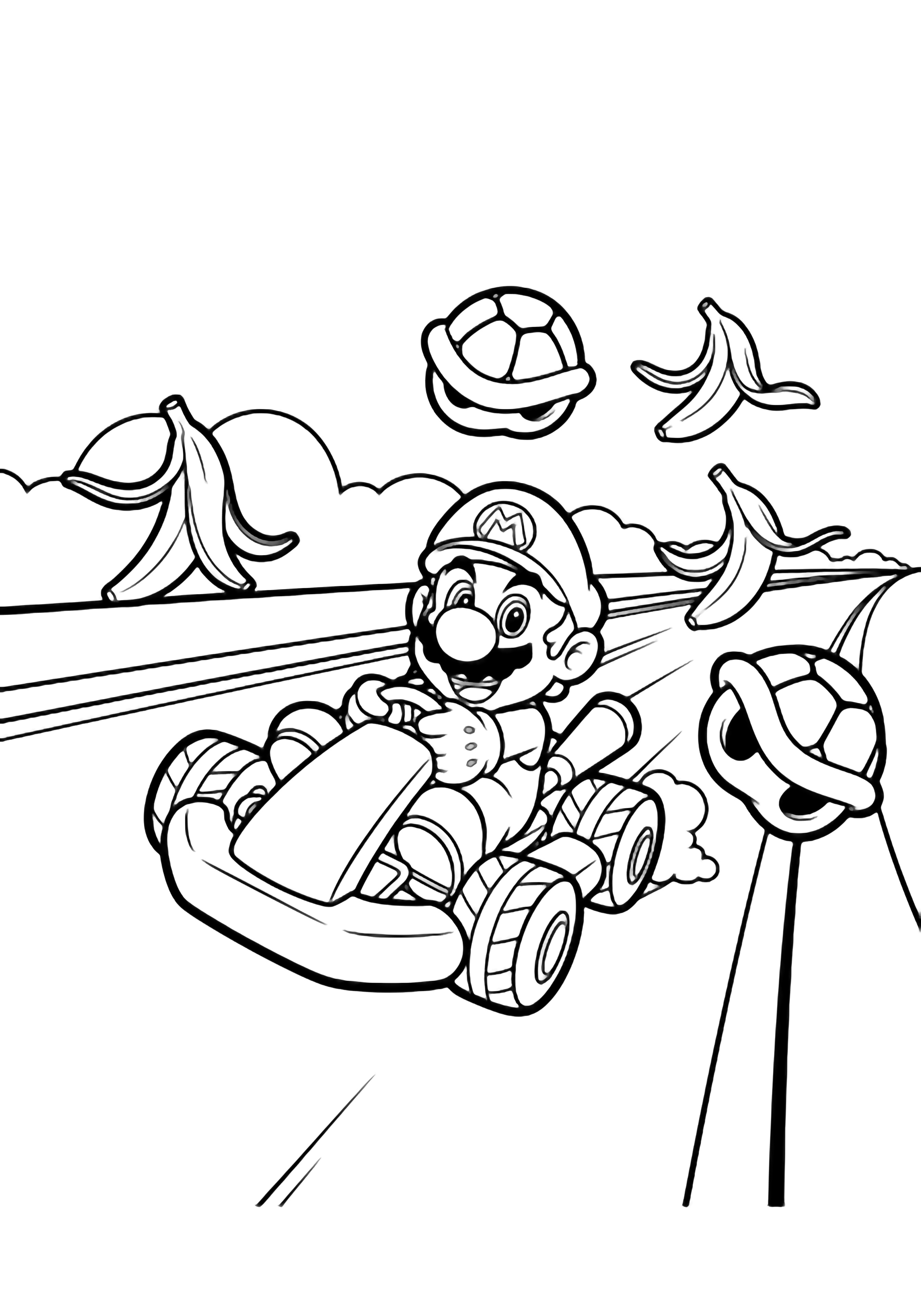 Mario grins in a tiny go-kart speeding along a broad vacant track while three banana peels and two round shells bounce around him. kleurplaat