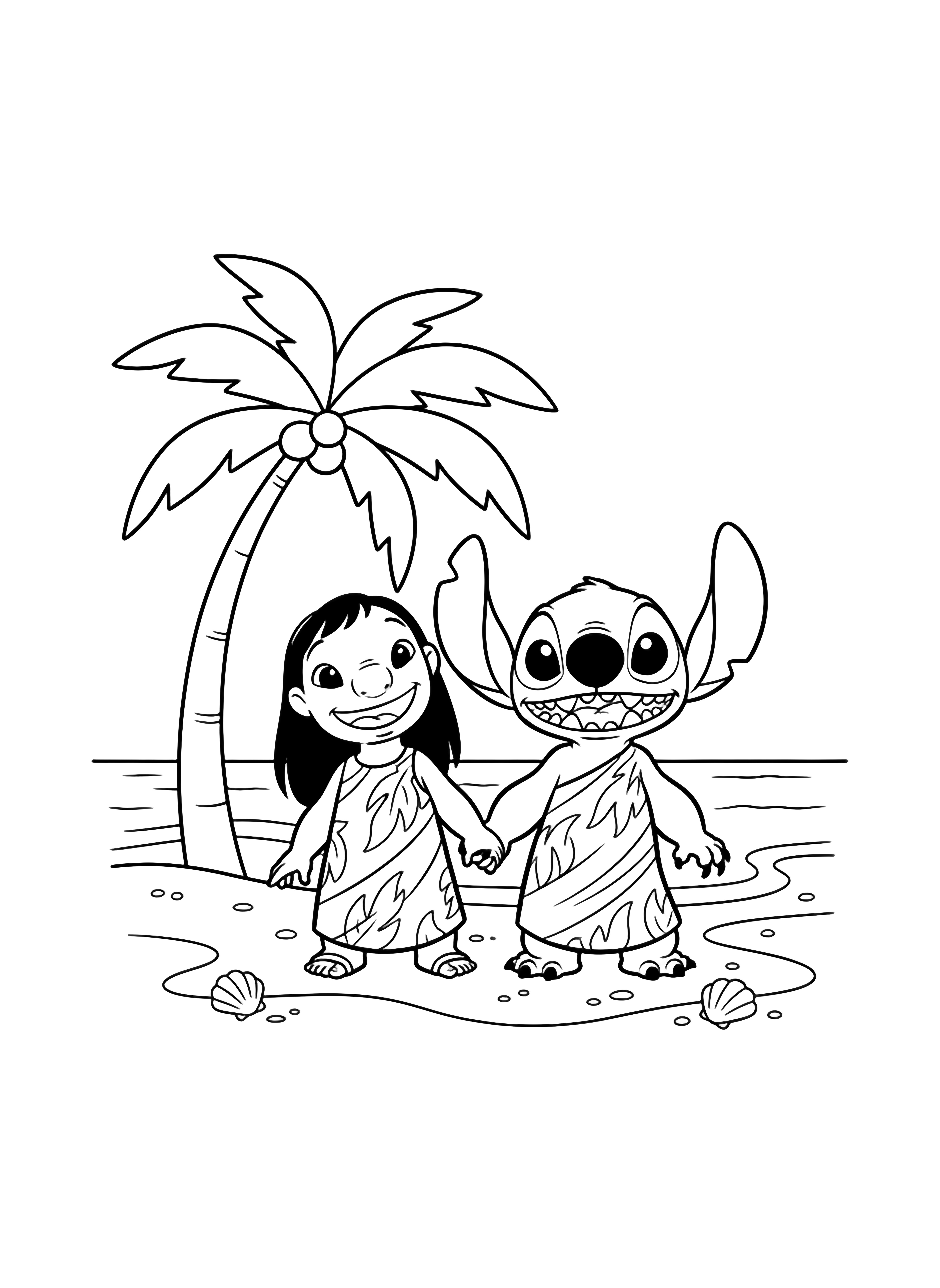 illustration on a Lilo and Stitch stand centered smiling holding hands; behind them a single palm tree arcs left gentle waves and tiny shells dot the sand all in bold black outlines with wide white spaces ready to color clean black kleurplaat