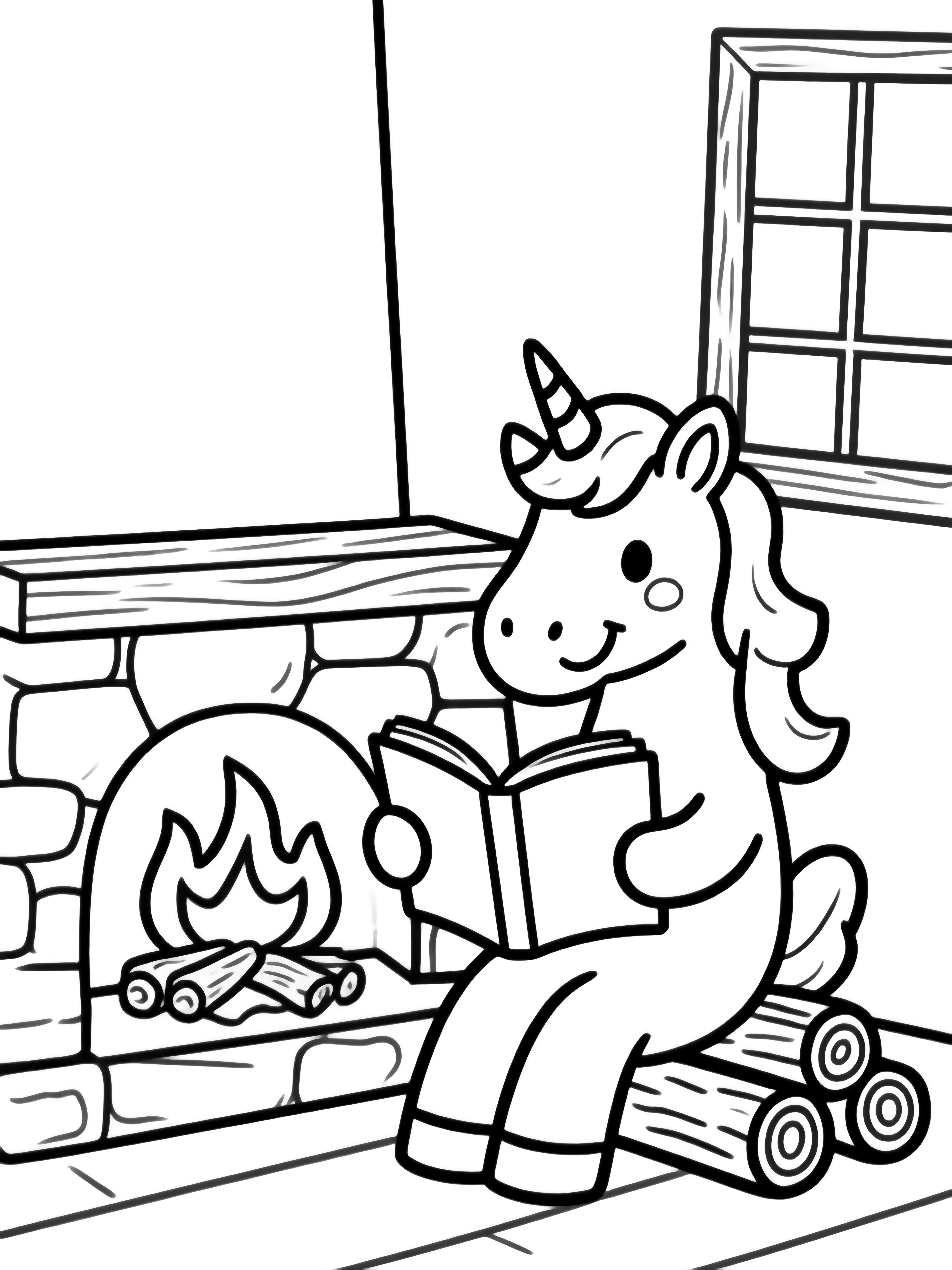 A smiling unicorn sits by a stone fireplace, an open storybook in its hooves; logs burn gently below, a wooden shelf and square window nearby. kleurplaat