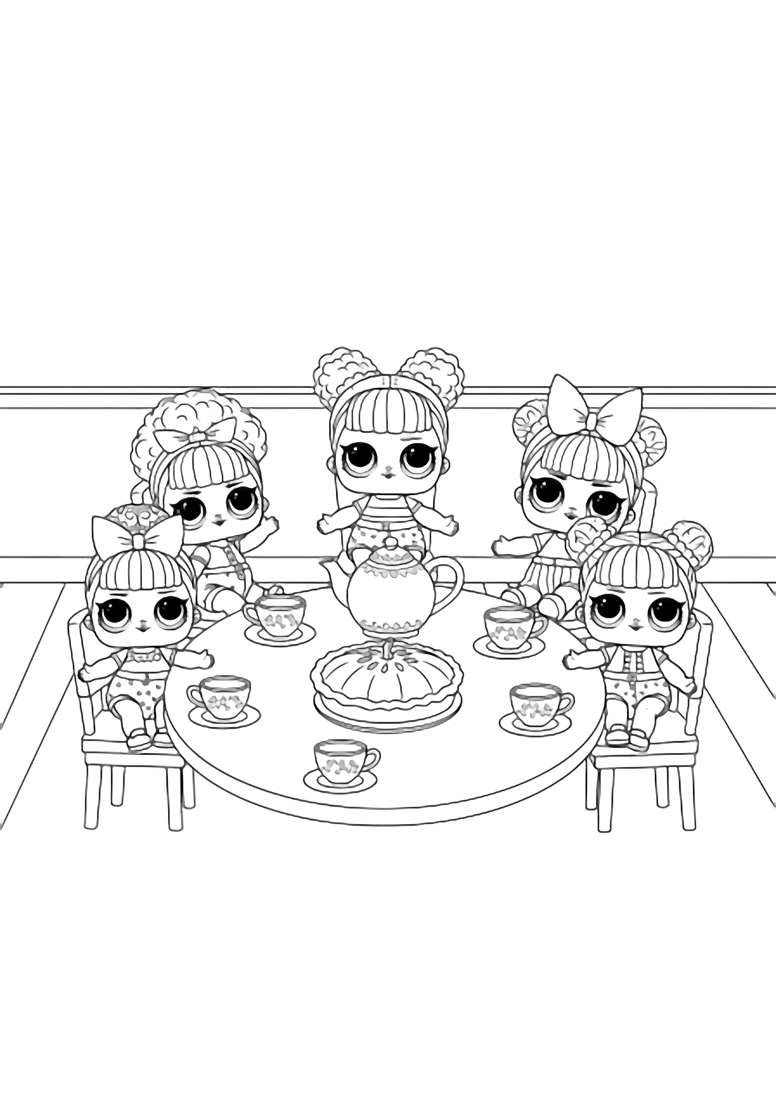 Five smiling LOL dolls sit around a round table set with pumpkin pie, teapot, and cups, simple chairs, blank wall behind. kleurplaat