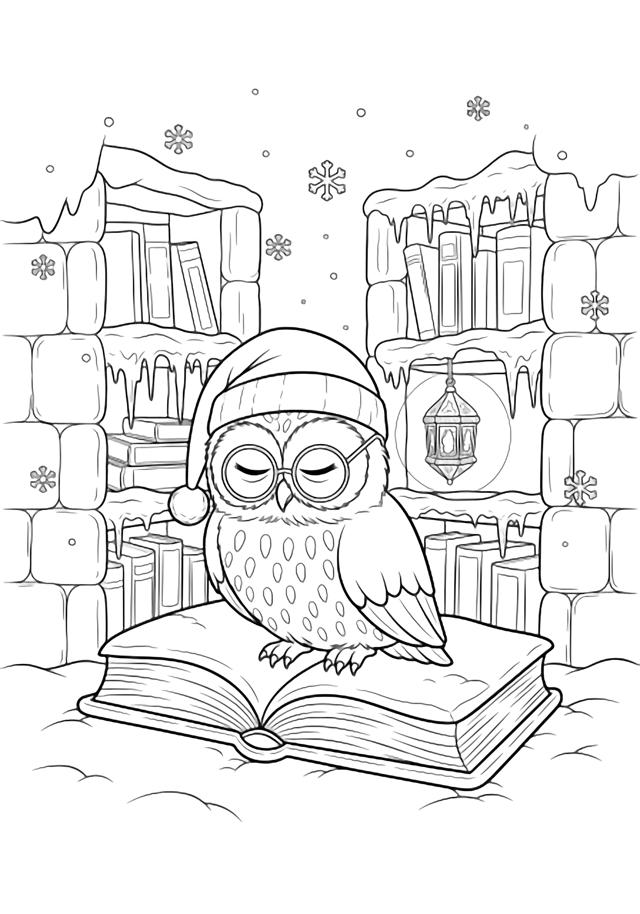 A drowsy owl in nightcap and glasses naps on a snow-carved book inside an icy library, tiny lantern glowing, snowflakes drifting past icicle shelves. kleurplaat