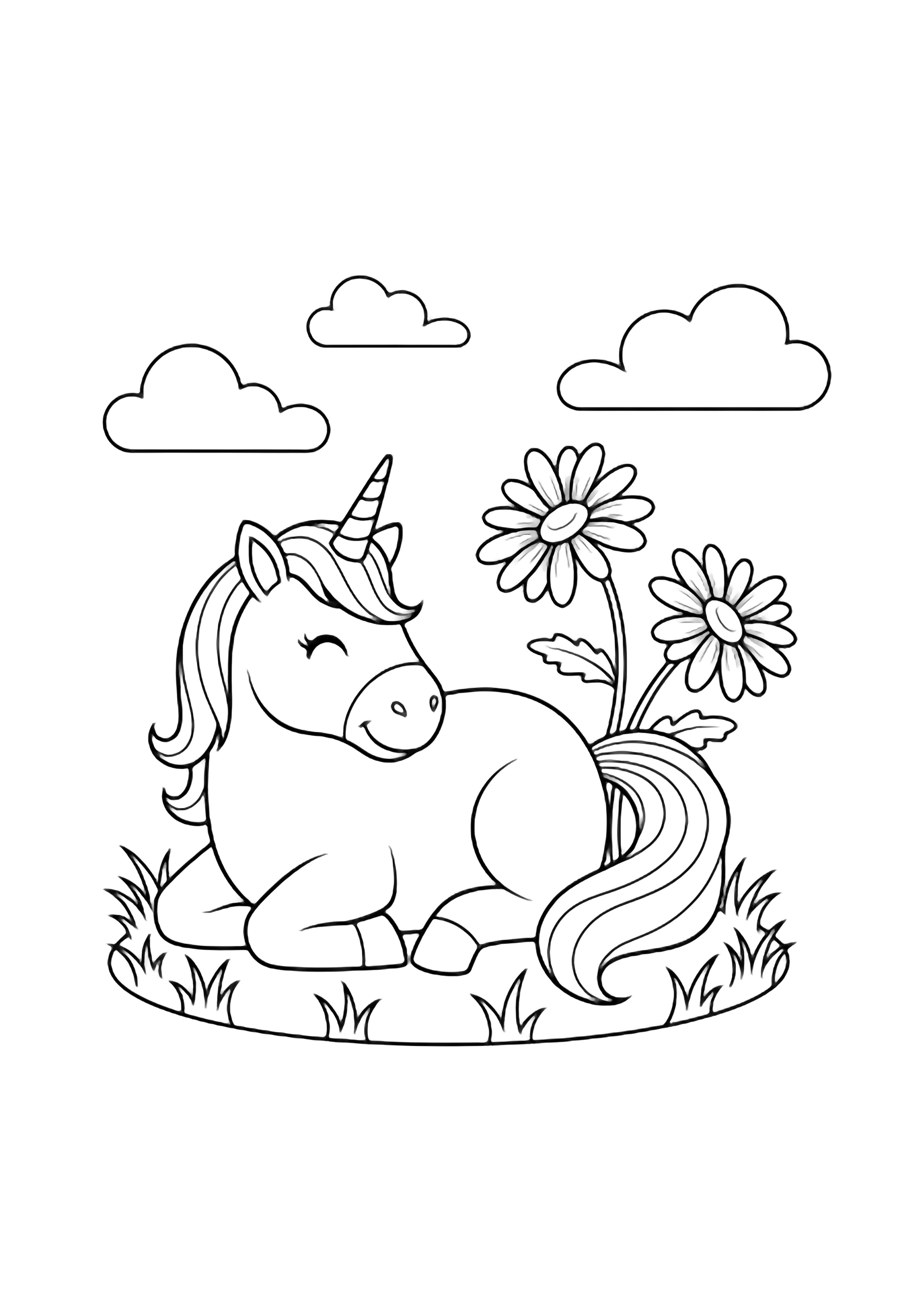 A smiling unicorn lounges on grass, tail curling near two daisies, beneath drifting clouds. kleurplaat