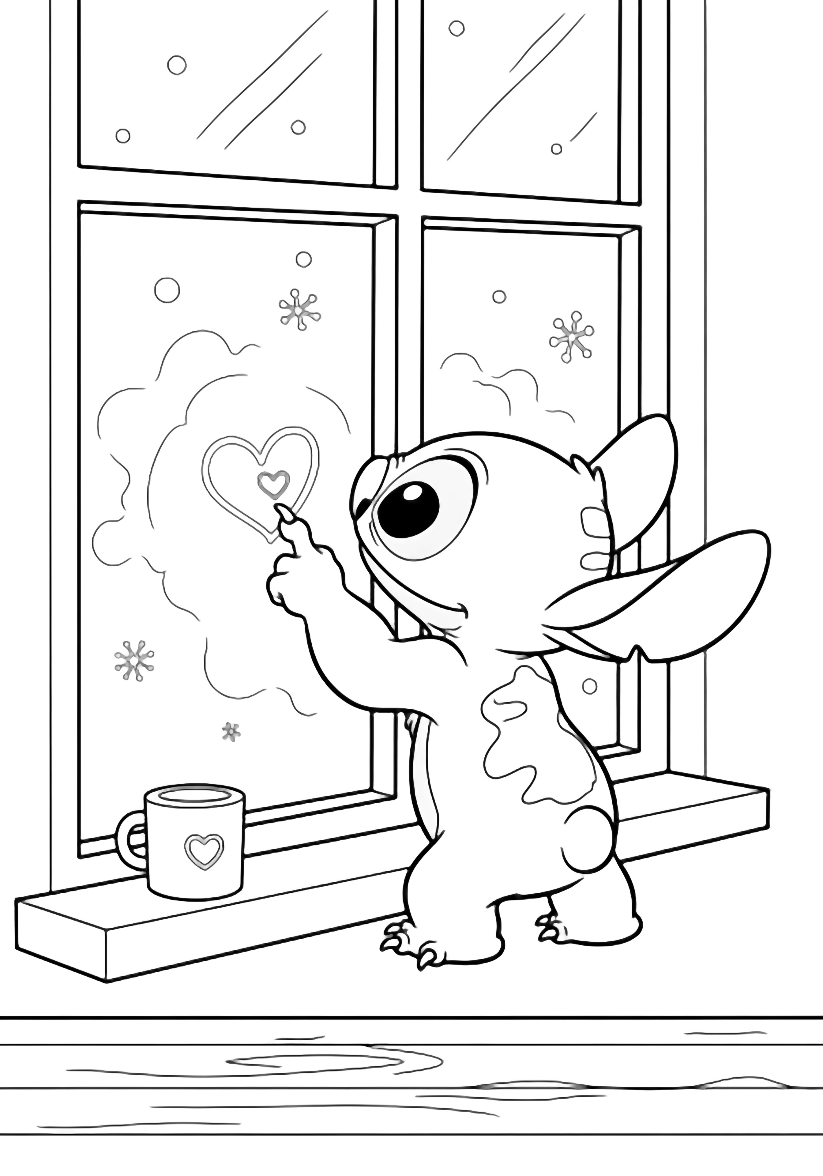 Stitch draws heart doodles on a foggy window; a heart-marked mug rests on the sill while snowflakes drift outside. kleurplaat