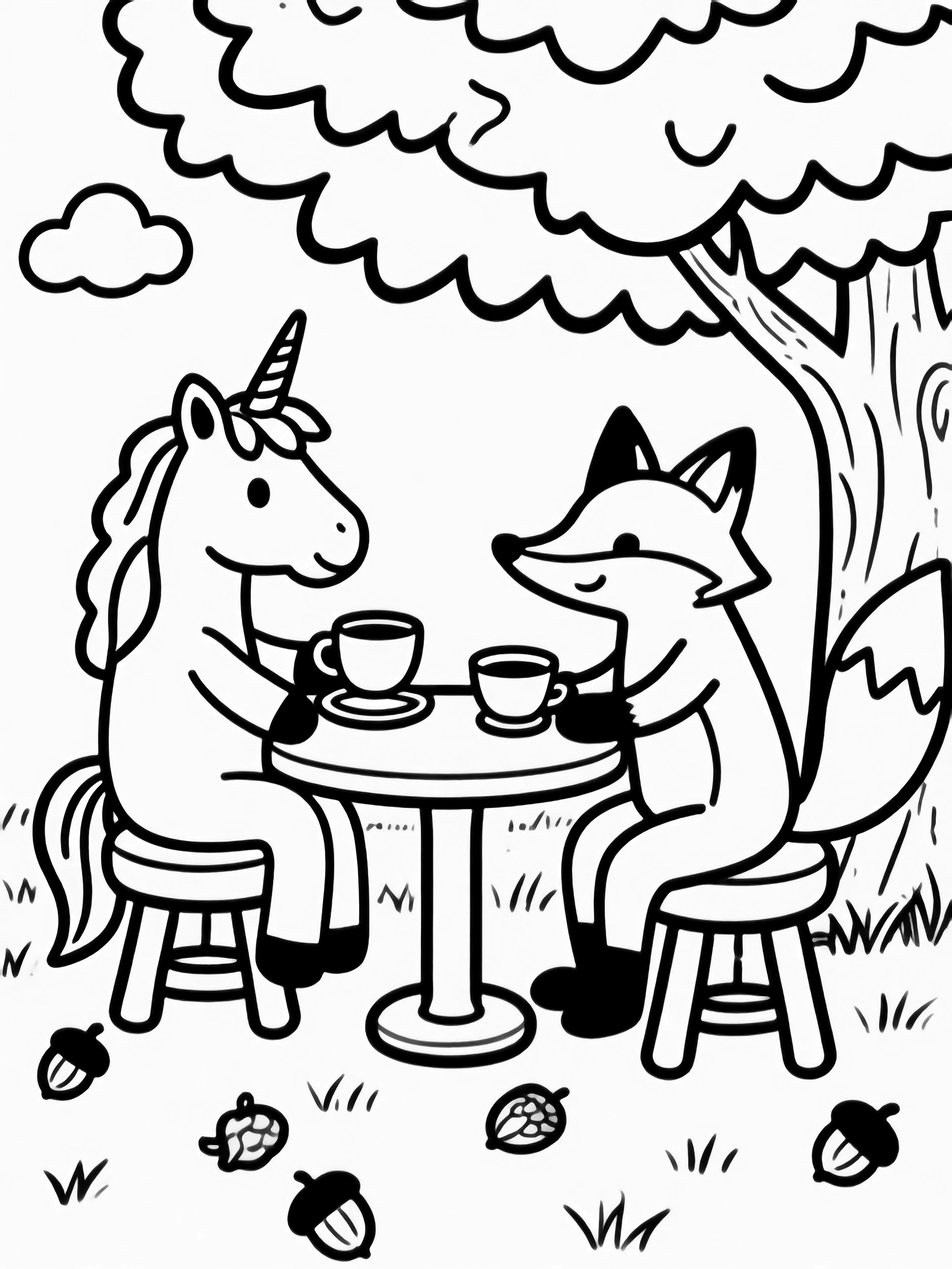 Unicorn and fox have tea at a small table under a leafy maple tree; acorns on grass, clouds above. kleurplaat