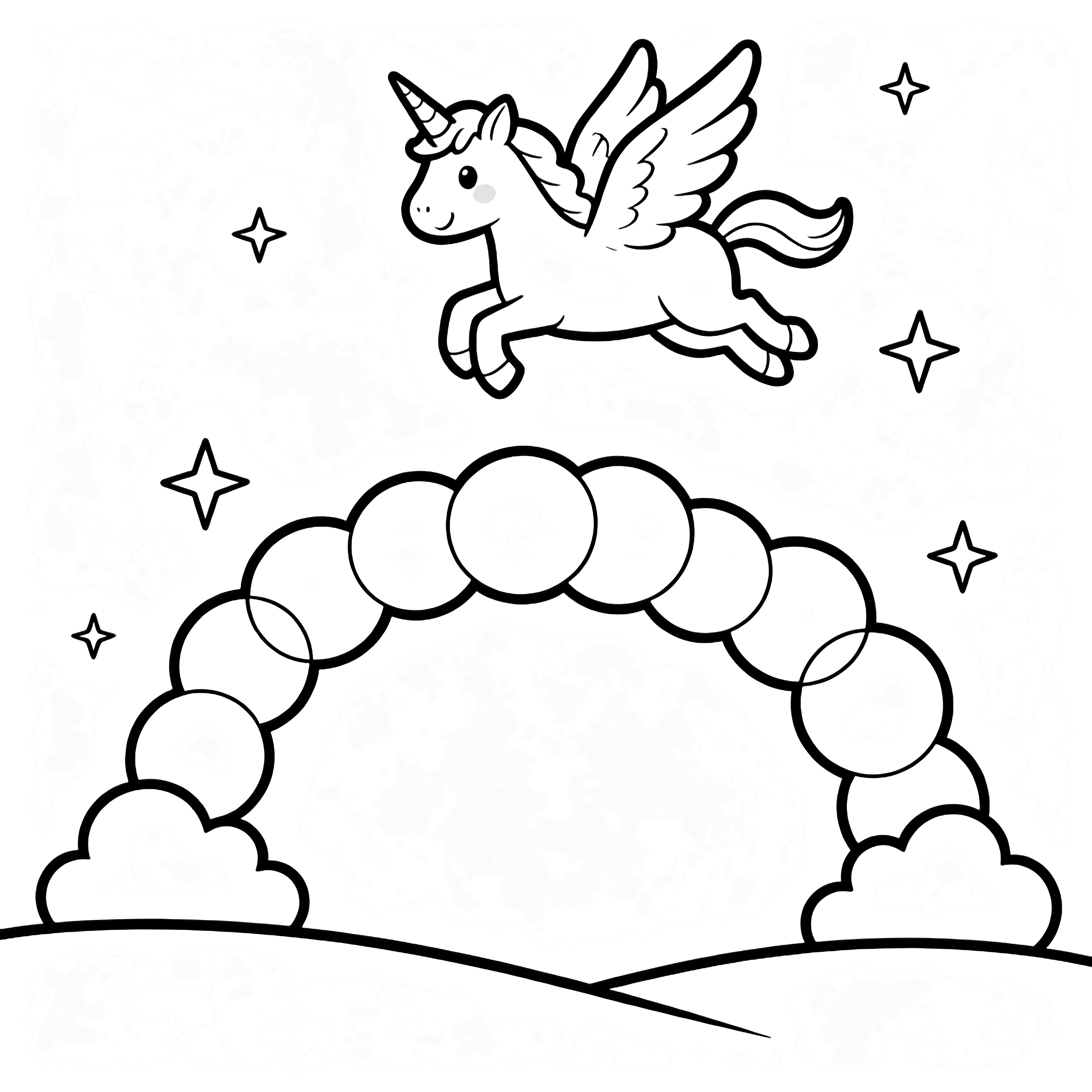 A smiling winged unicorn glides above a fluffy arched cloud, with stars around and simple hills below. kleurplaat