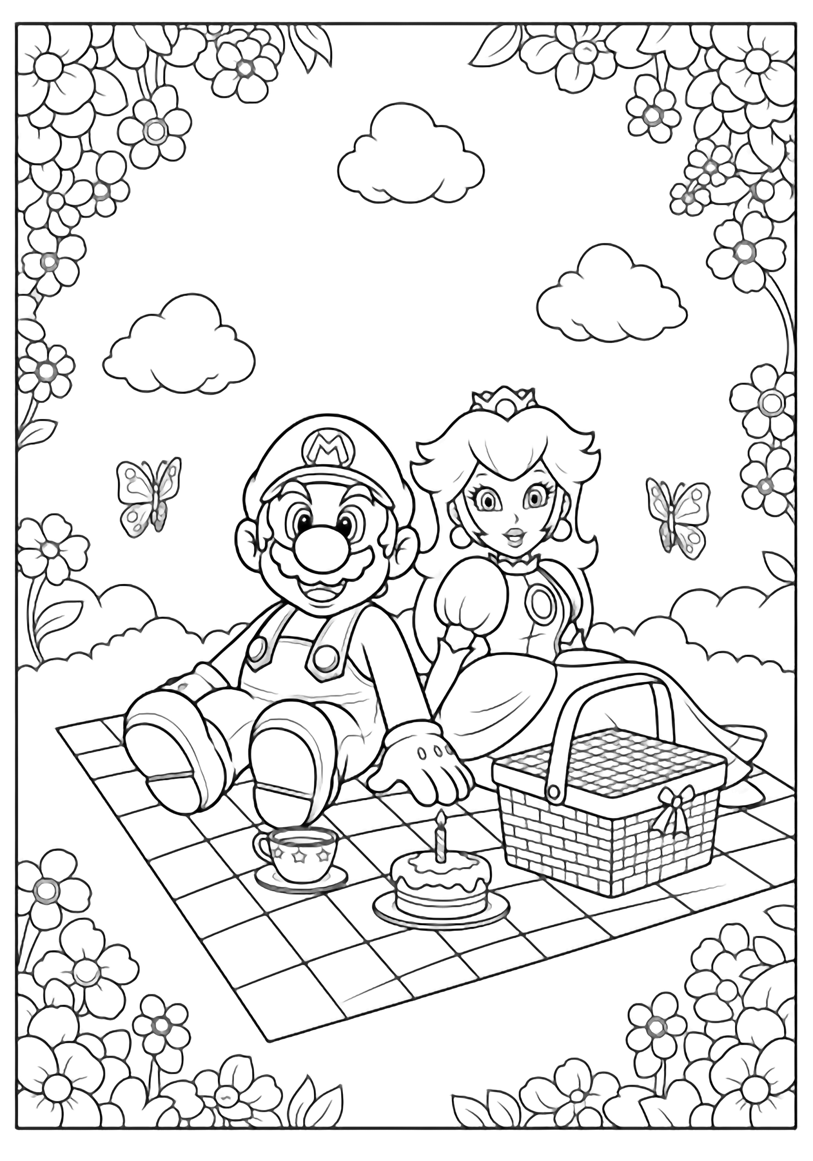 Mario and Peach smile on a picnic blanket, surrounded by flowers, butterflies, clouds, a basket, teacup, and cake. kleurplaat