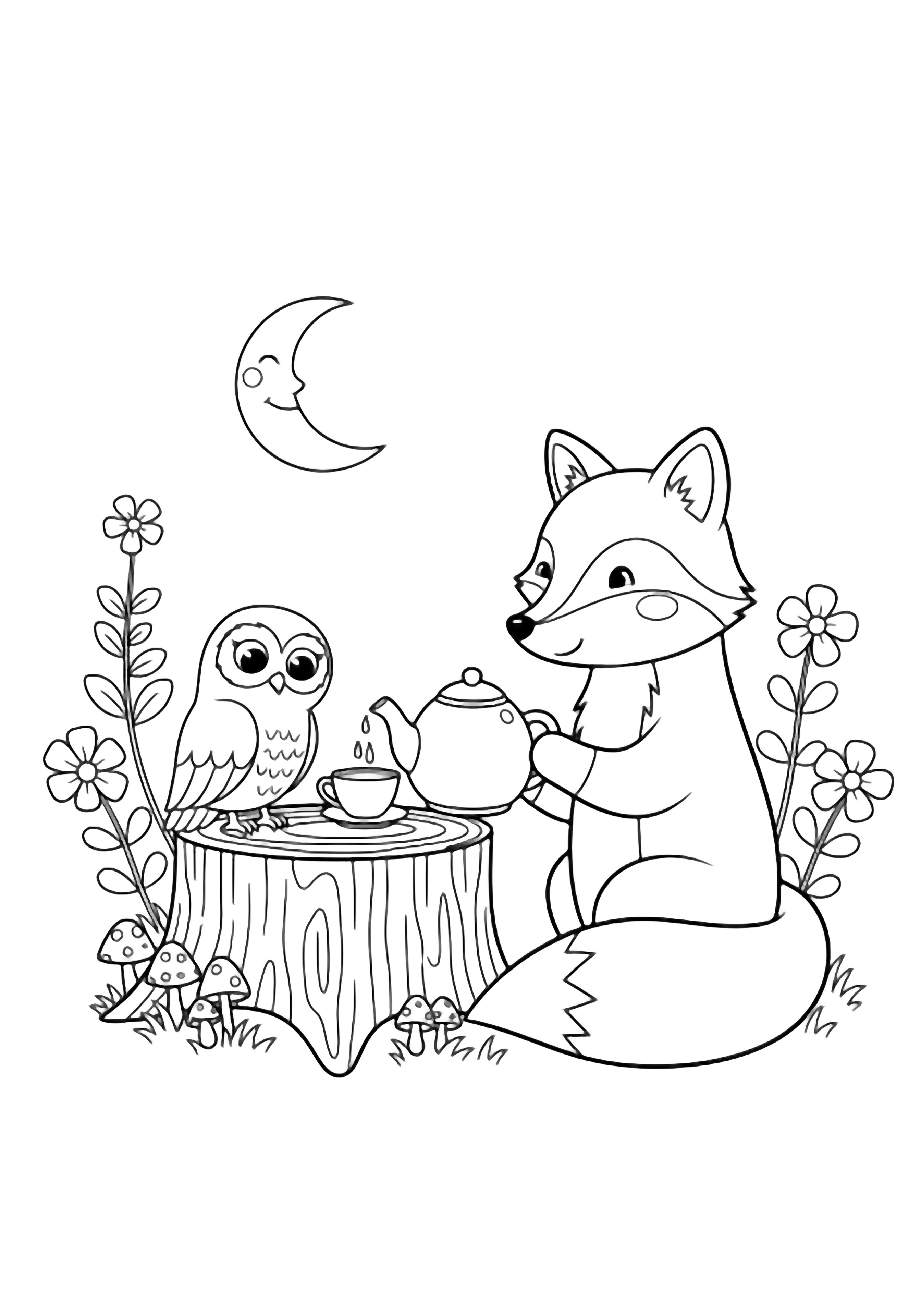 A smiling fox sits beside a stump-table, tilting a teapot toward an owl; tiny flowers, mushrooms, and a crescent moon surround them. kleurplaat