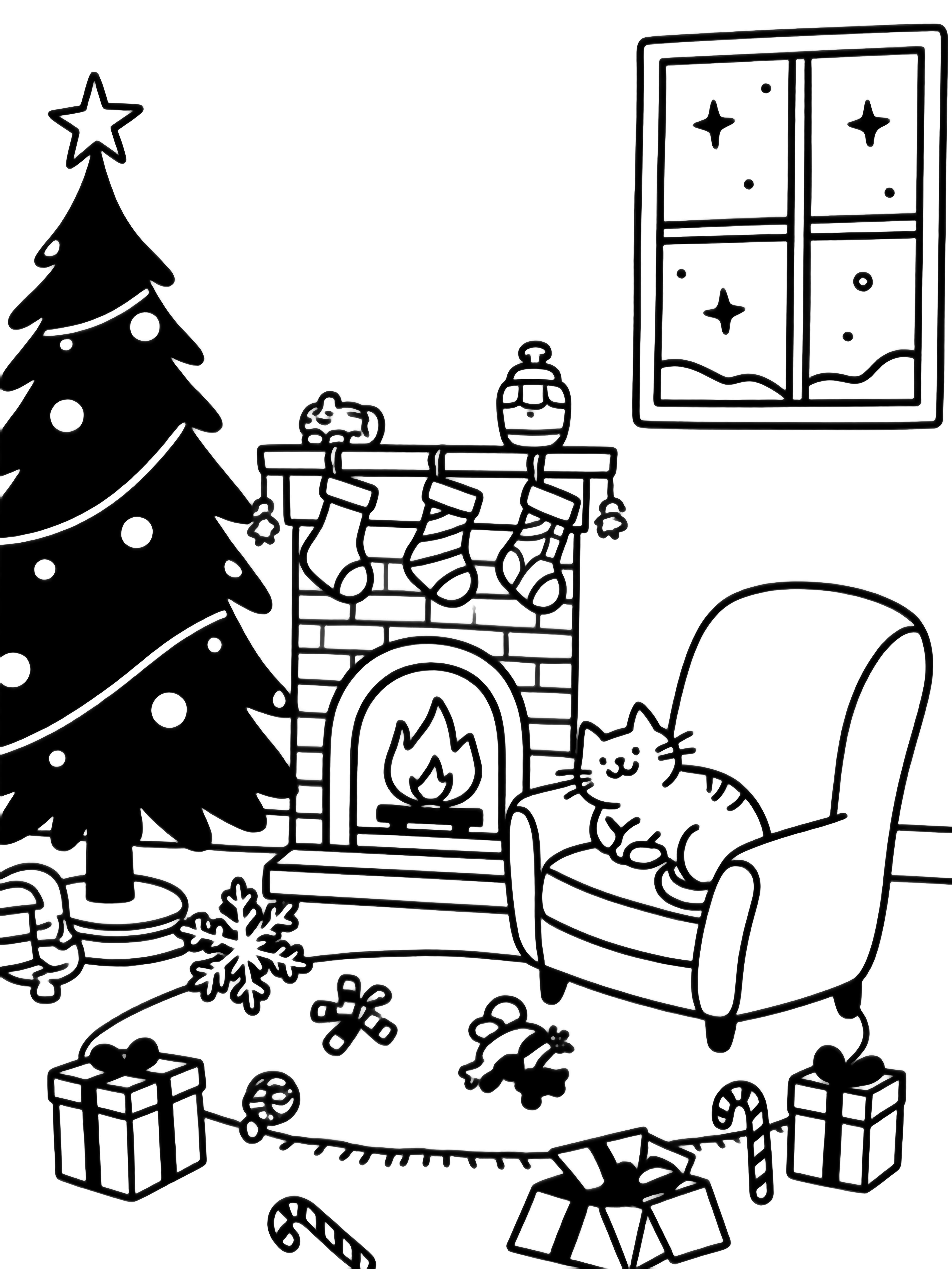 illustration on a Cozy living room with tall Christmas tree left crackling fireplace center five stockings hanging from mantel curved armchair right simple rug bare window showing starry sky toys scattered open gift box candy canes snowflake garland smiling cat curled on chair arm clean black kleurplaat