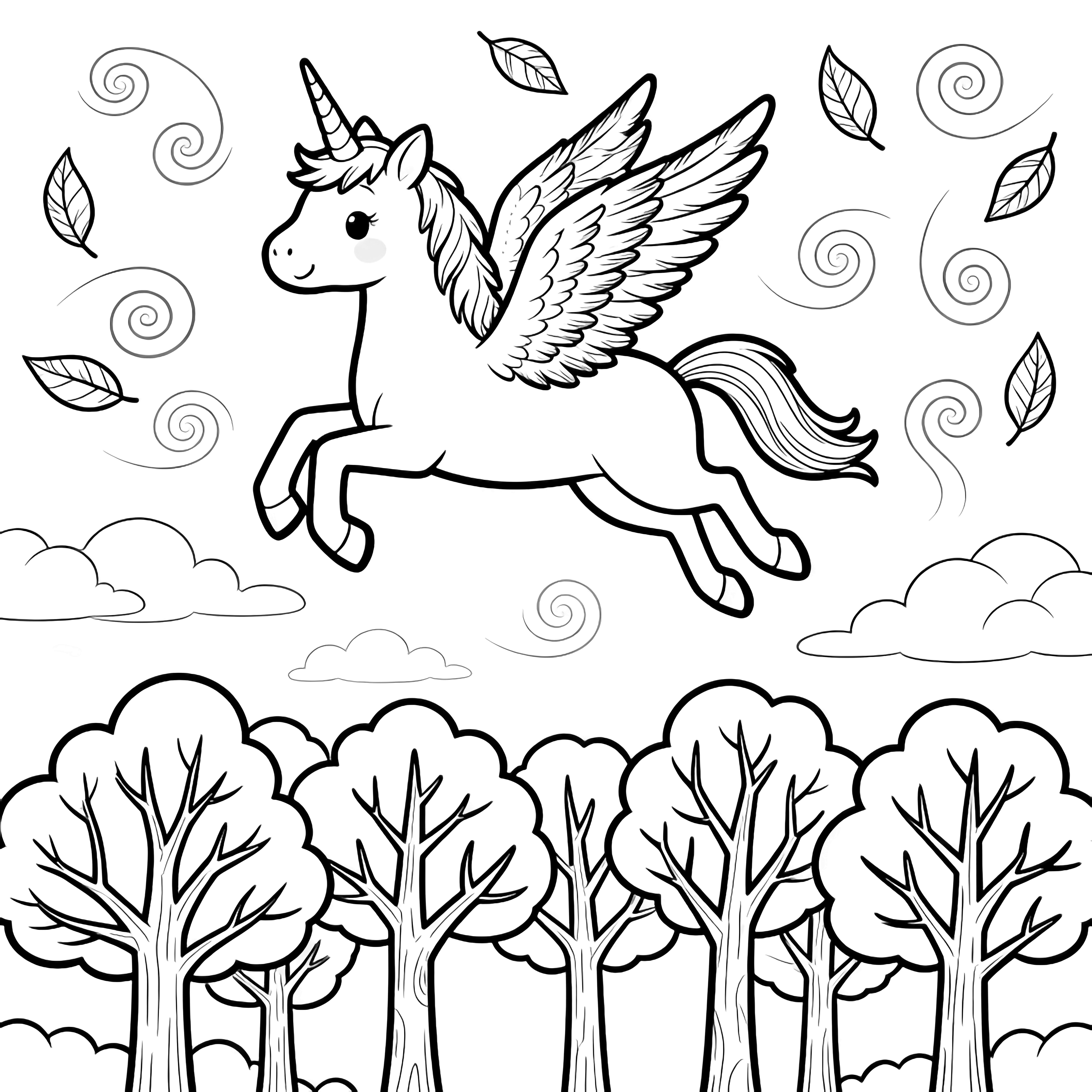 A smiling winged unicorn glides above swirling leaves, hovering over a sparse forest of bare trees beneath soft clouds. kleurplaat