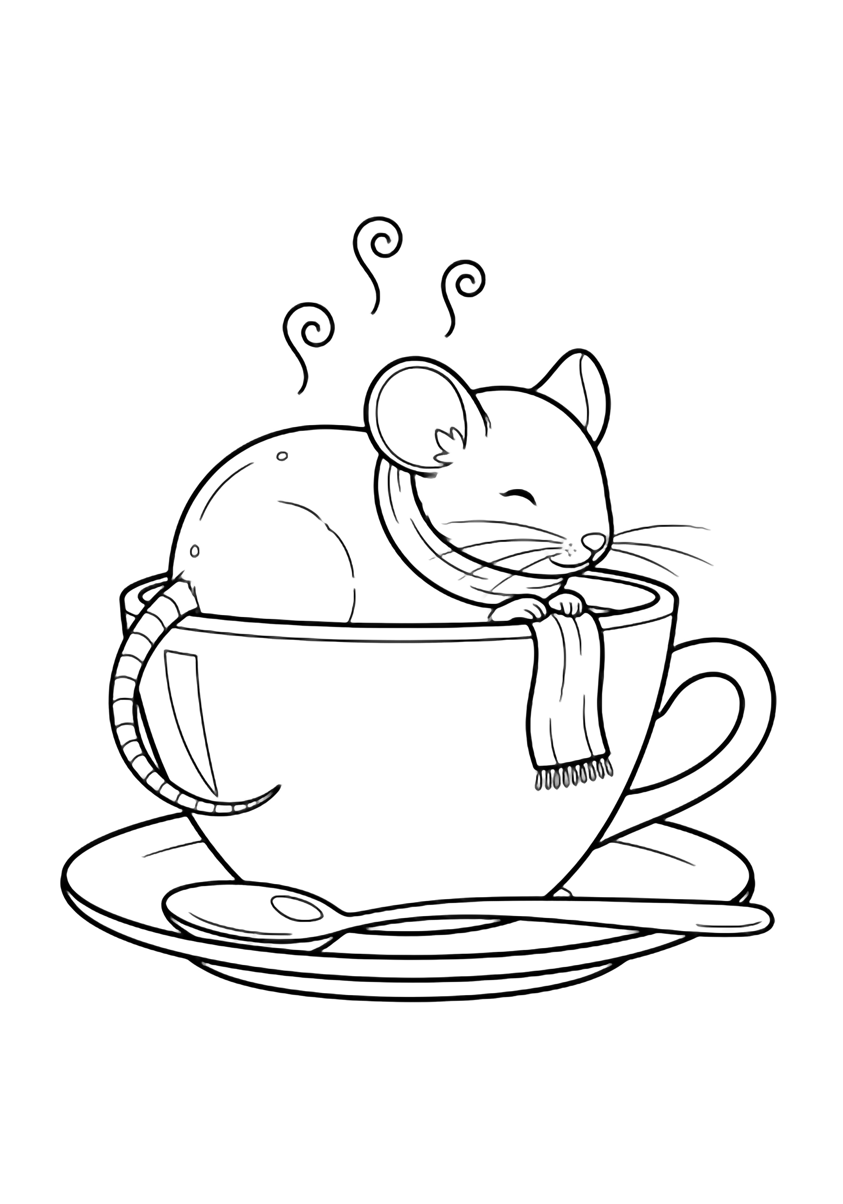 A plump mouse naps inside a wide teacup, tiny scarf ends draped over the rim, saucer and spoon below, faint steam curls above. kleurplaat