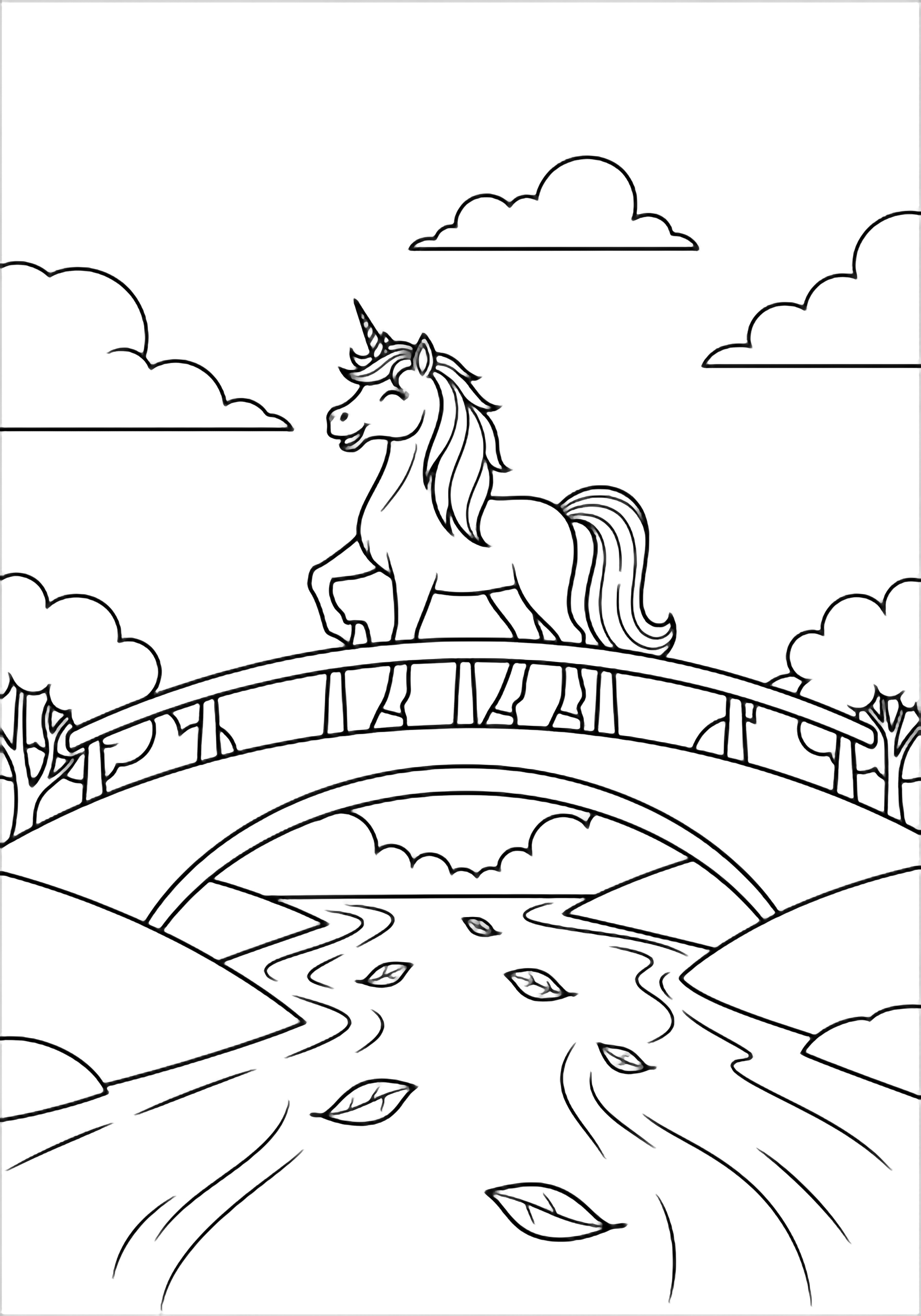 A smiling unicorn stands on an arched bridge above a gentle river with drifting leaves, distant clouds and trees behind. kleurplaat